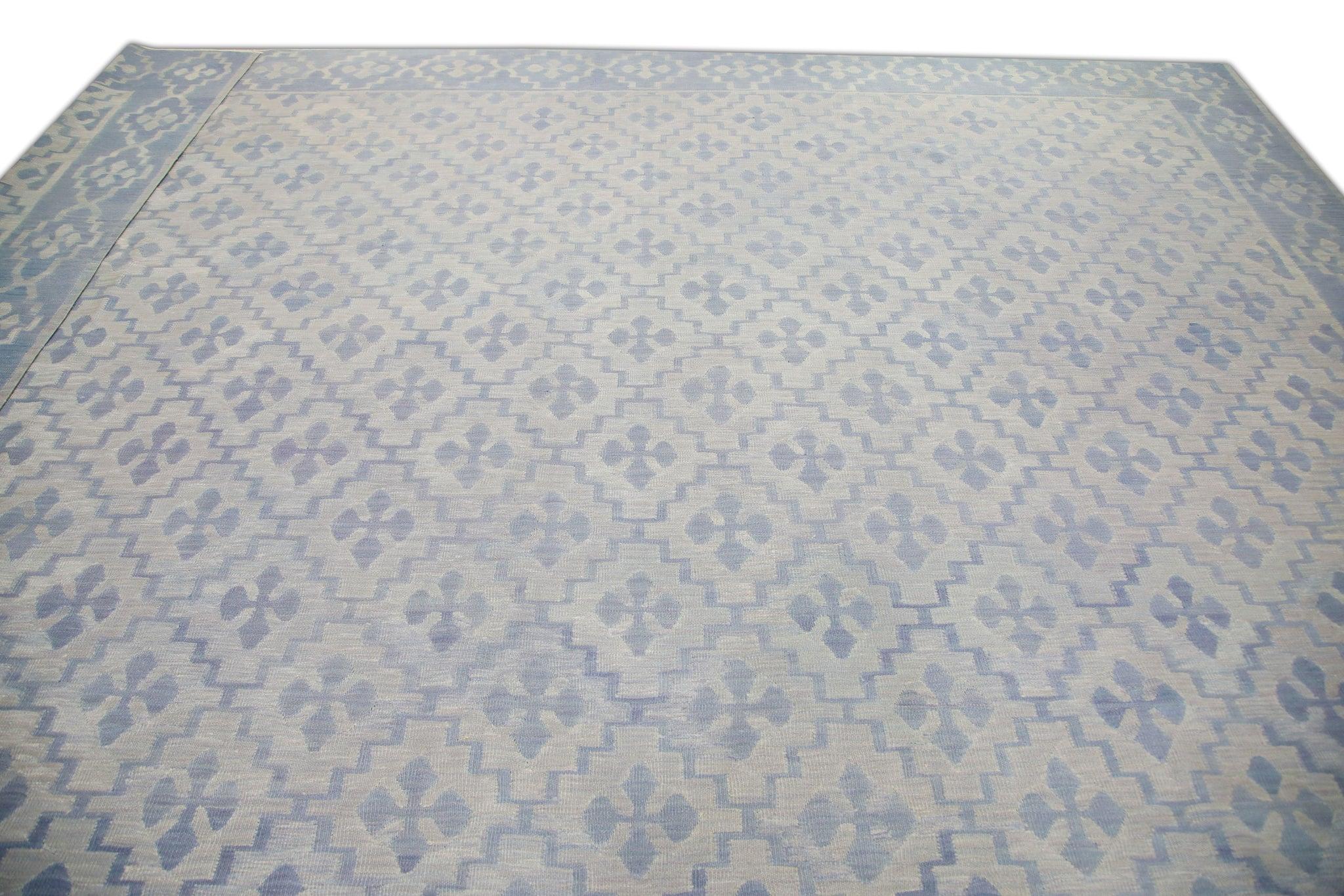 Modern Flatweave Handmade Wool Rug in Blue Geometric Design 14'2