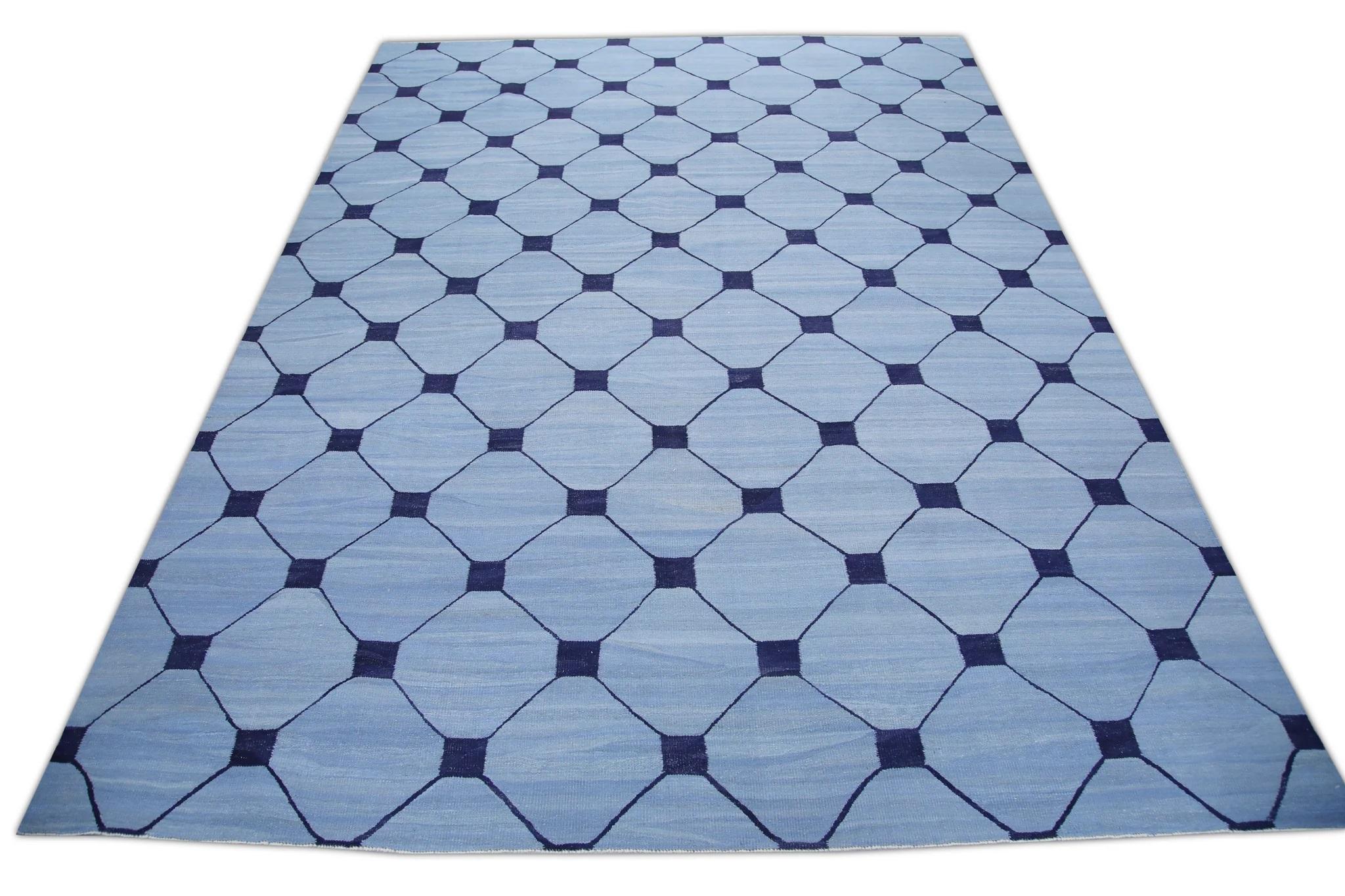 Blue & Navy Geometric Design Flatweave Handmade Wool Rug 10'4