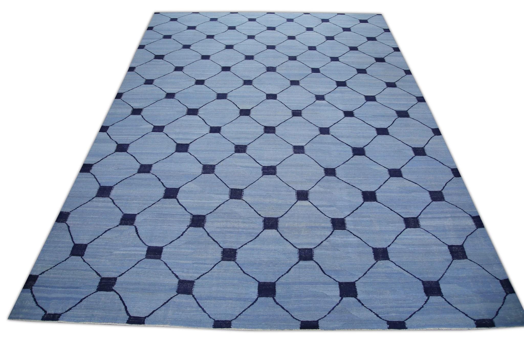 Blue & Navy Geometric Design Flatweave Handmade Wool Rug 10'5