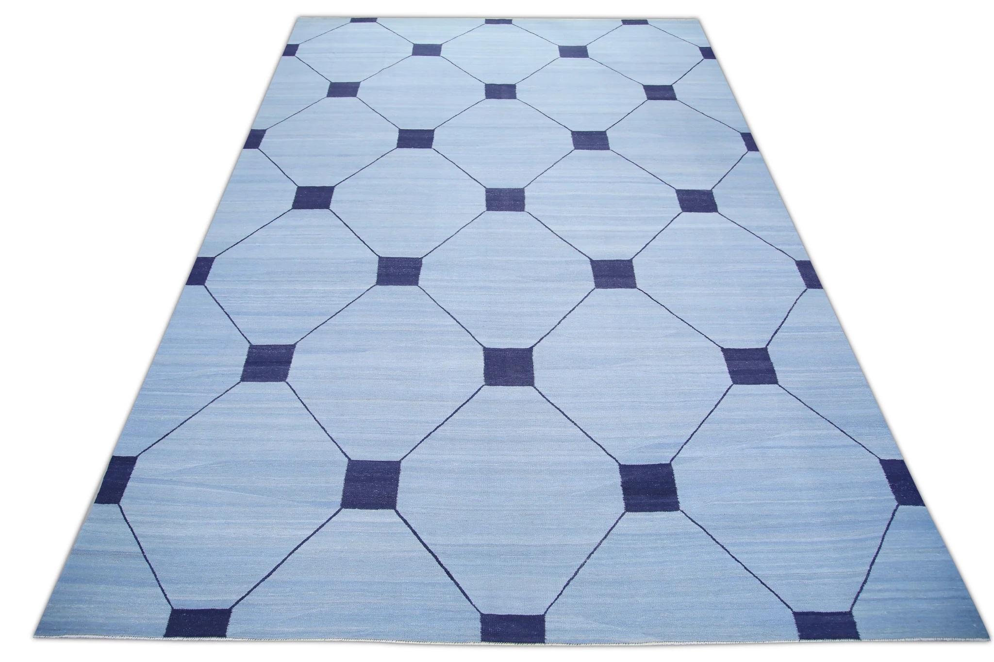 Blue & Navy Geometric Design Flatweave Handmade Wool Rug 10' X 14'7