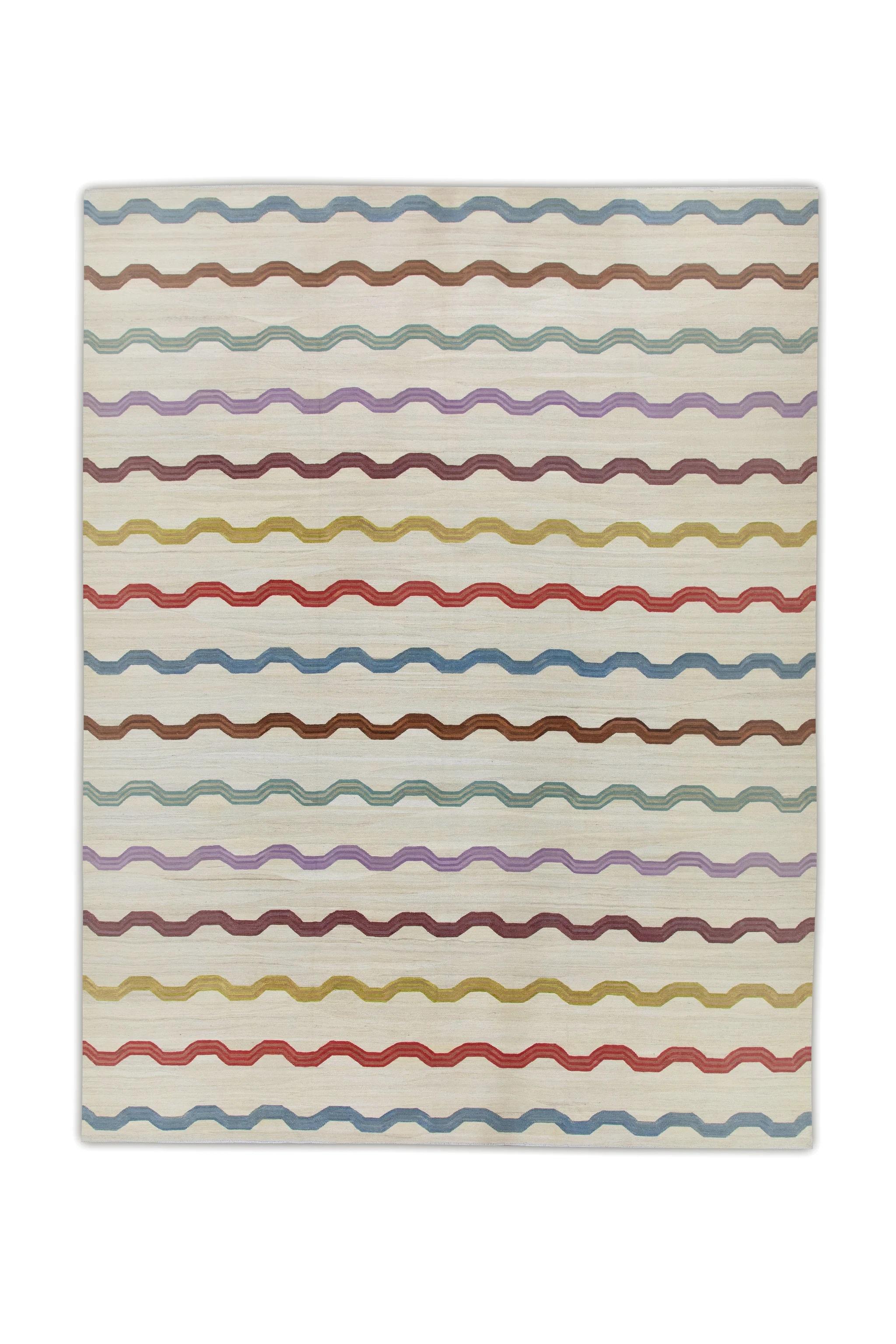 Tappeto in lana fatto a mano multicolore con design a strisce geometriche a tessitura piatta 11'10