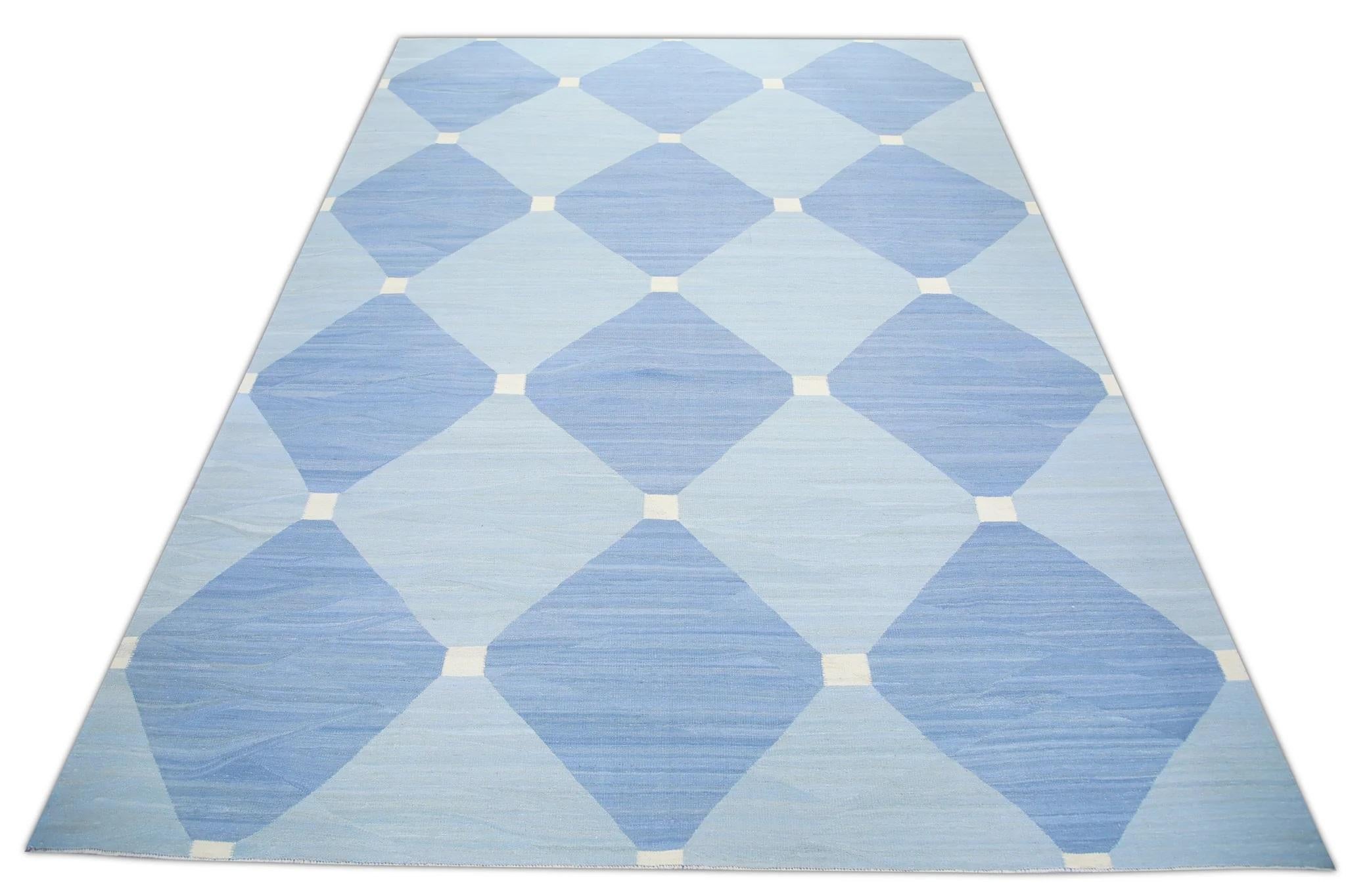 Blue Geometric Design Flatweave Handmade Wool Rug 10'3