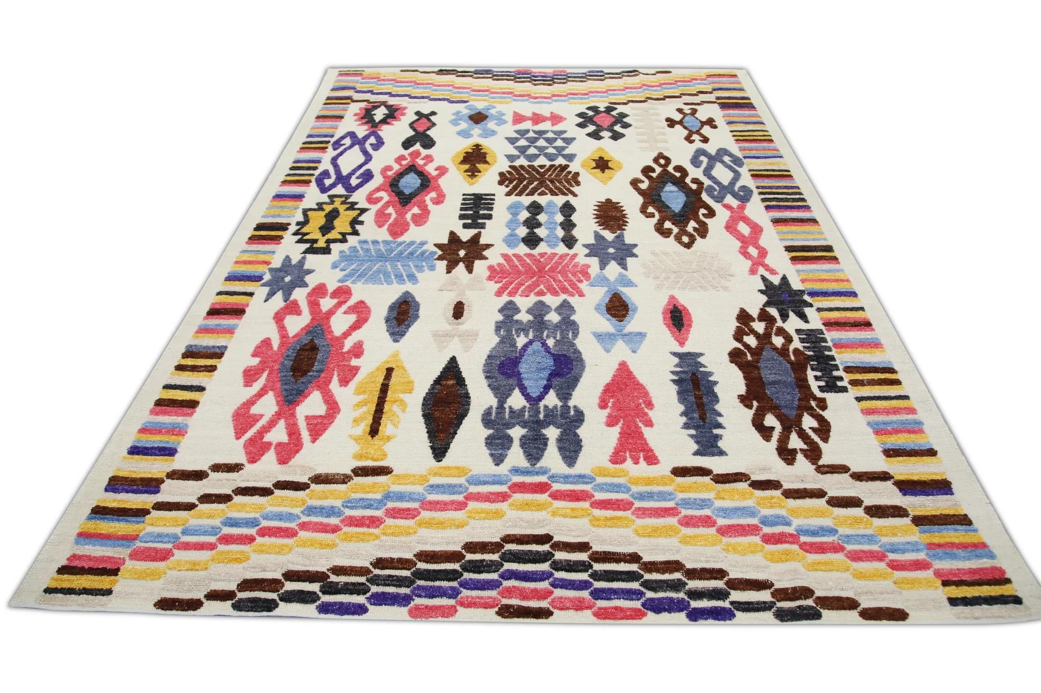 Tapis en laine tissé à plat à motifs géométriques multicolores fait à la main 7'11