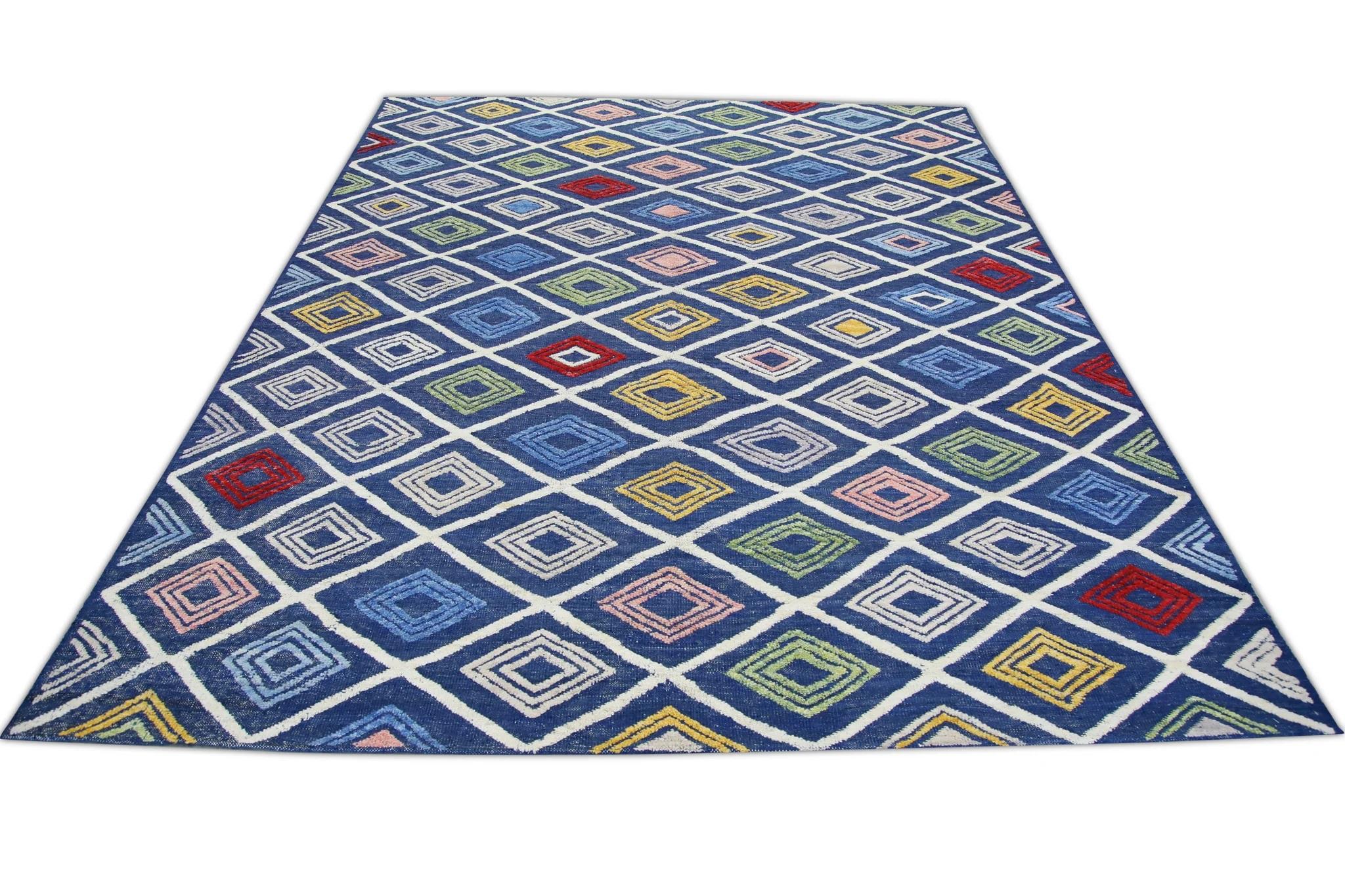 Blue Multicolor Geometric Design Flatweave Handmade Wool Rug 8'5