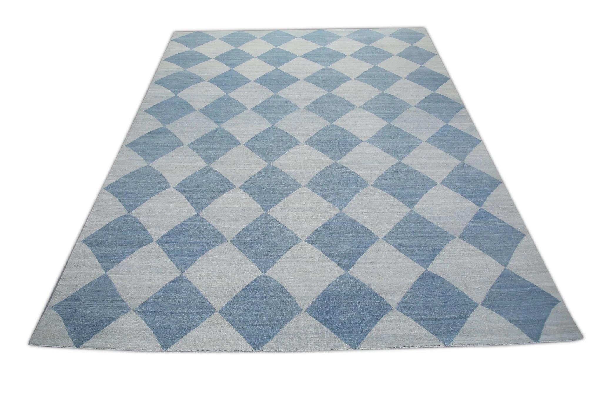 Blue Checkered Pattern Flatweave Handmade Wool Rug 9'7