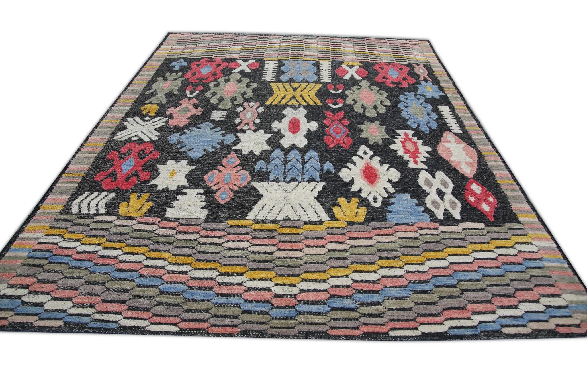 Flatweave Handmade Wool Rug in Pink, Blue, Yellow Geometric Design 8'5