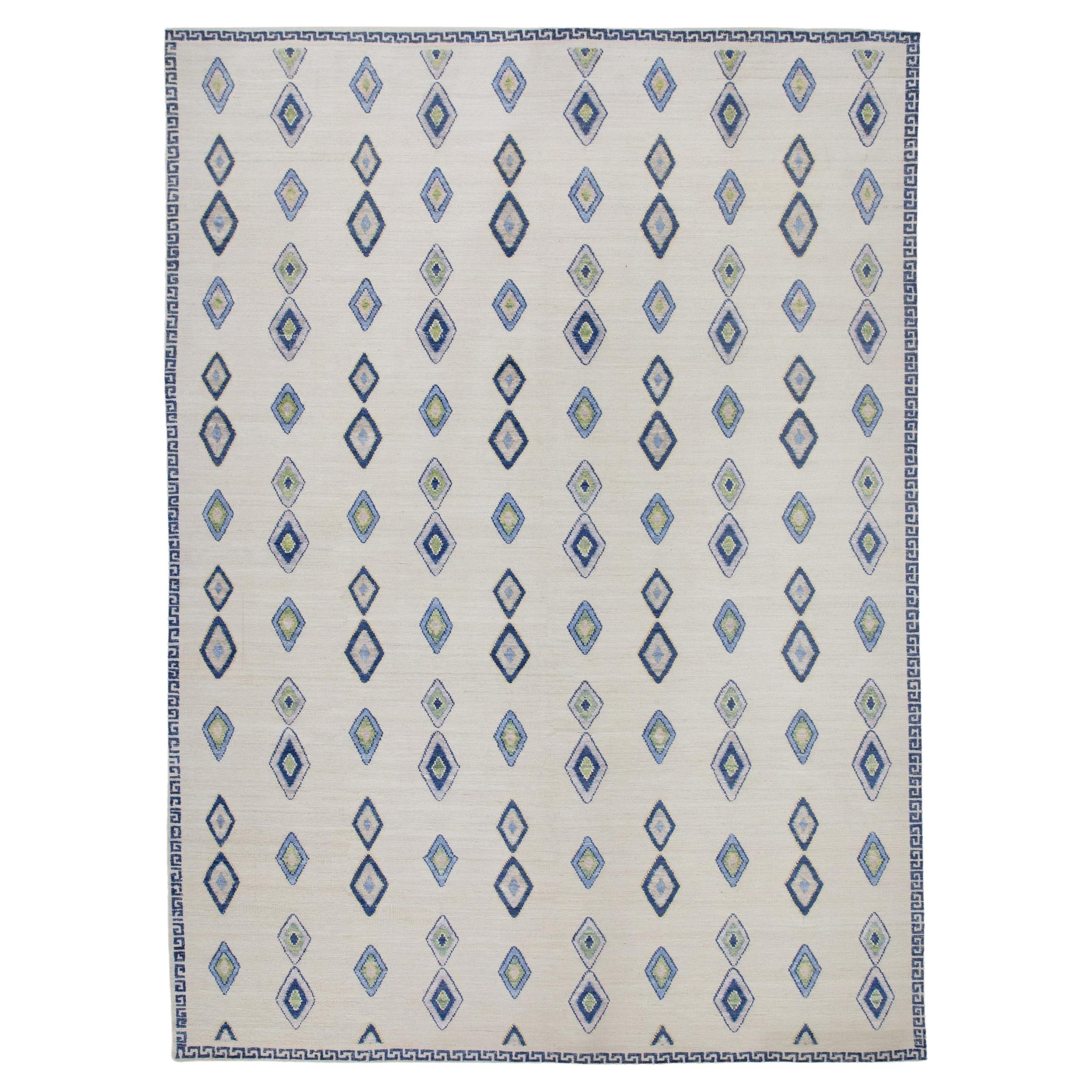Cream Flatweave Handmade Wool Rug in Blue Geometric Diamond Pattern 10'8" X 14' For Sale