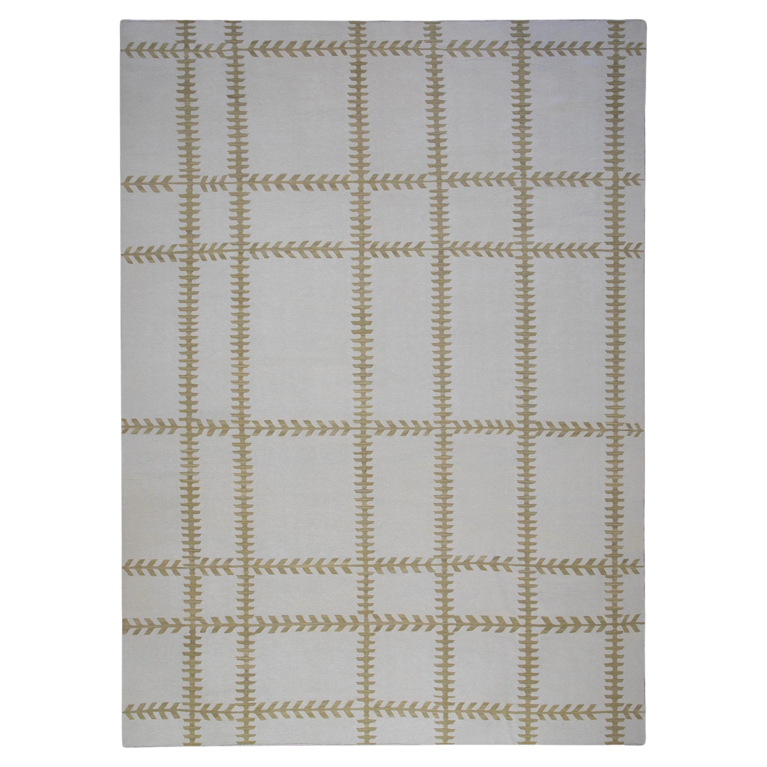 Alfombra de lana blanca de tejido plano hecha a mano con diseño geométrico amarillo 9'8" X 13'5 en venta