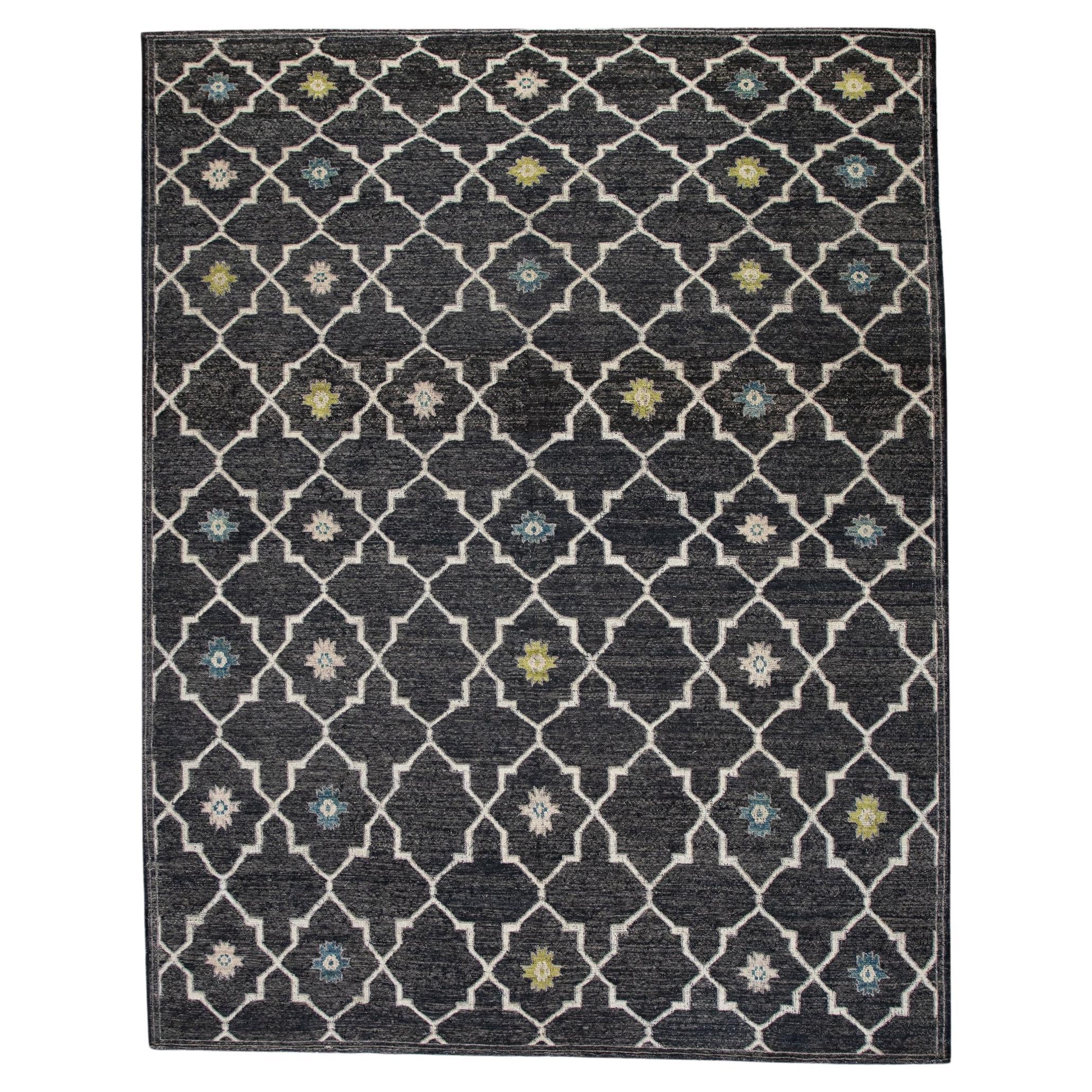 Charcoal Flatweave Handmade Wool Rug in Blue & Green Geometric Design 10' X 12'4 For Sale