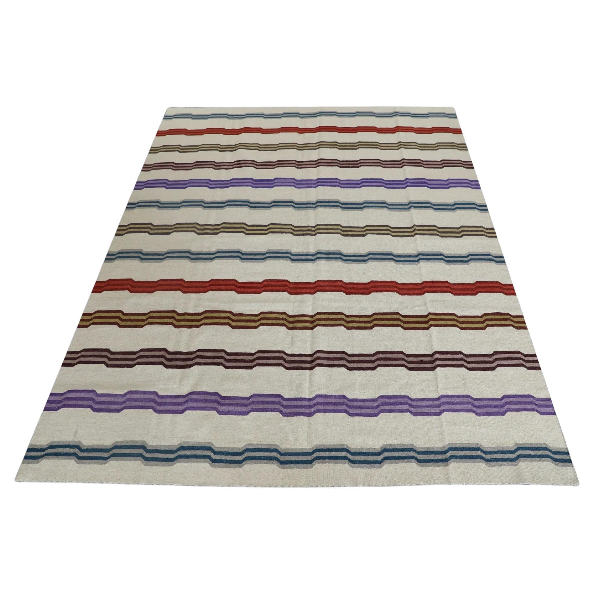 Multicolor Geometric Stripe Pattern Flatweave Handmade Wool Rug 8'6" X 10'9" For Sale