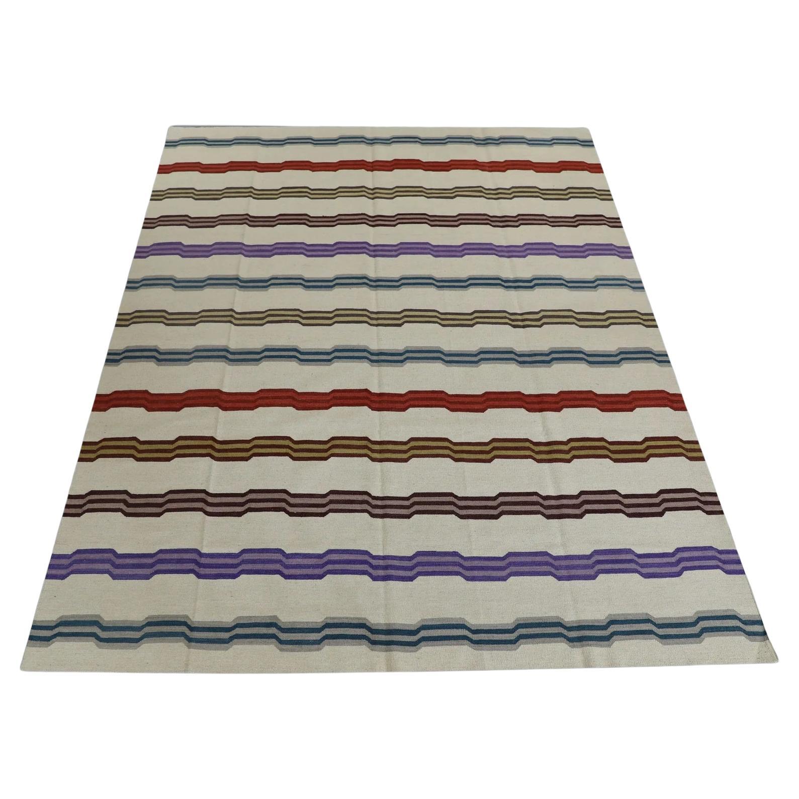 Multicolor Geometric Stripe Pattern Flatweave Handmade Wool Rug 8'6" X 10'8" For Sale
