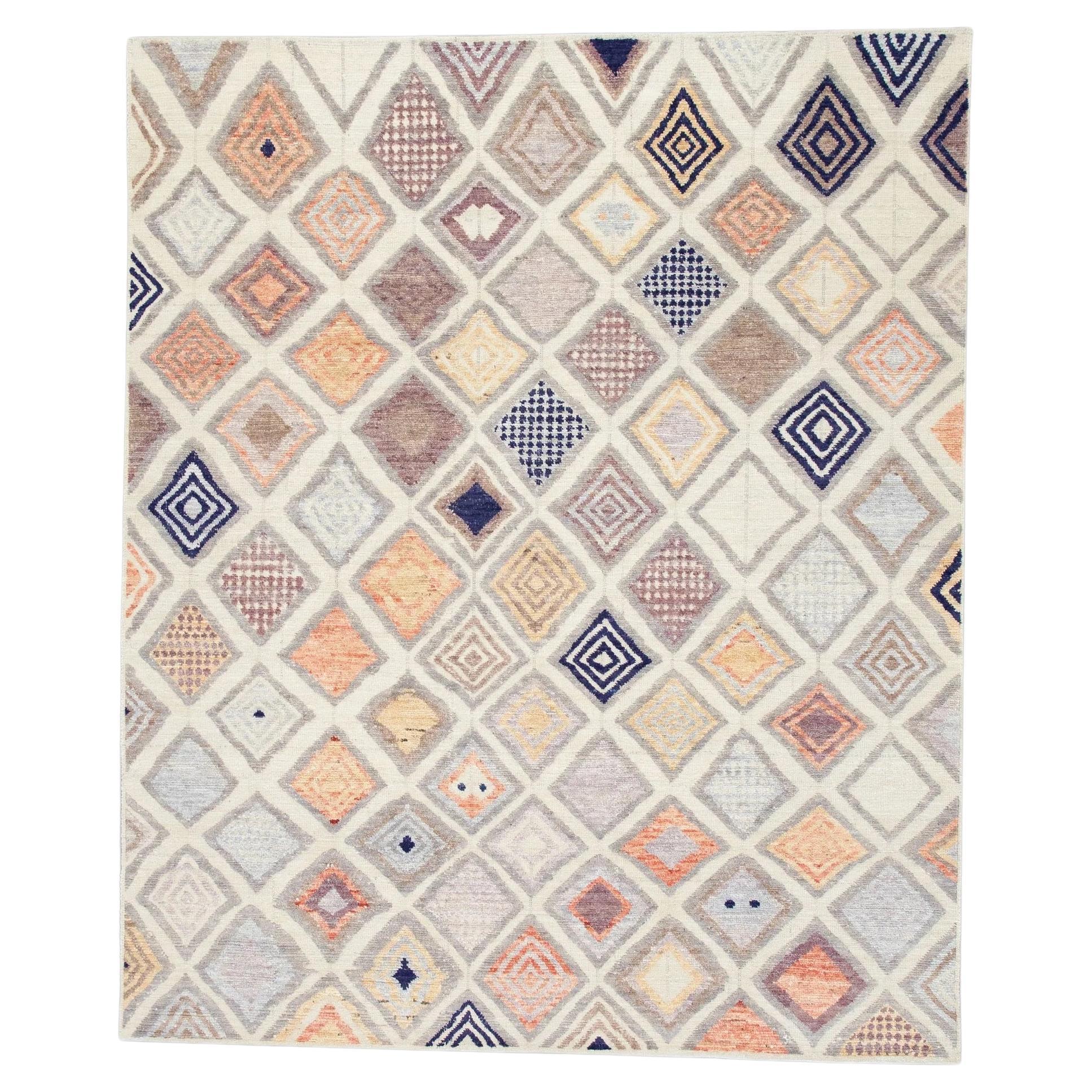 Pink & Blue Geometric Pattern Flatweave Handmade Wool Rug 8'2" X 10'2"