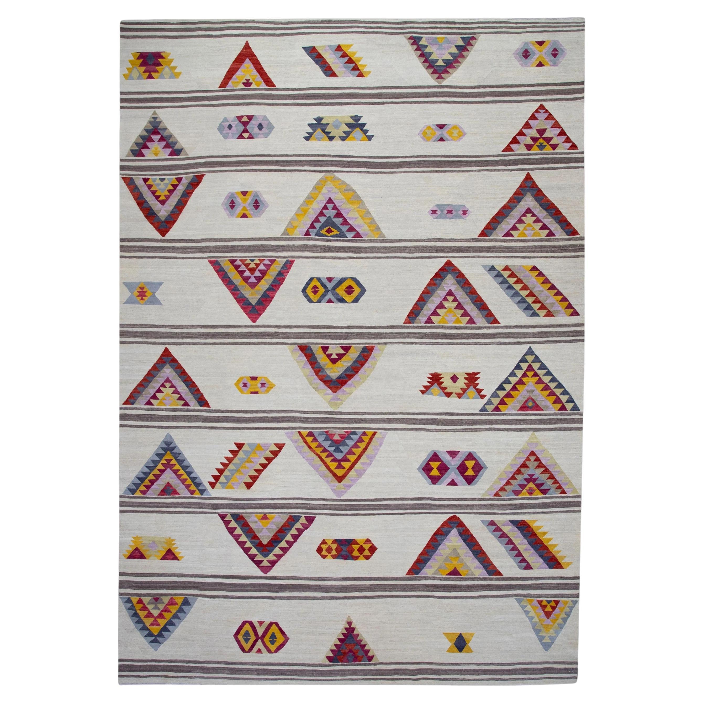 White Multicolor Geometric Pattern Flatweave Handmade Wool Rug 10'1" x 14'7" For Sale