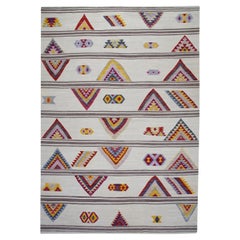 Weißer, mehrfarbiger, handgefertigter Flachgewebe-Wollteppich mit geometrischem Muster 10'1" x 14'7"