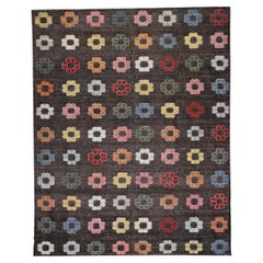 Brown Multicolor Floral Design Flatweave Handmade Wool Rug 10'10" X 14'