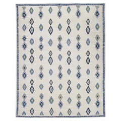Blue and Green Geometric Diamond Design Flatweave Handmade Wool Rug 9'2" X 12'2"