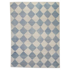 Modern Flatweave Handmade Wool Rug in Blue Checkered Pattern 9'1" X 12'4"