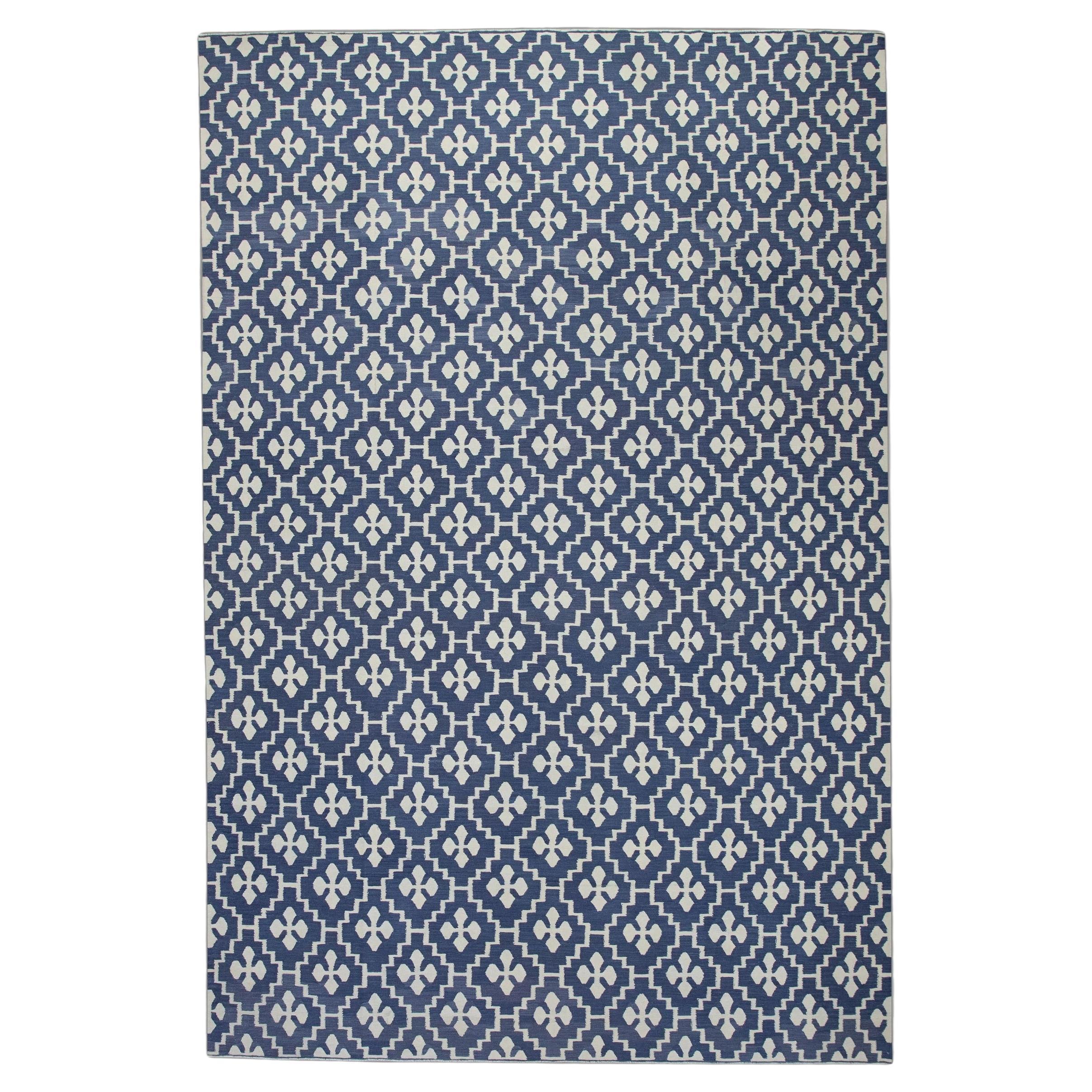 Blue Geometric Design Flatweave Handmade Wool Rug 8'1" X 10'6"