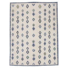 Blue & Pink Geometric Diamond Pattern Flatweave Handmade Wool Rug 9'3" X 12'1"