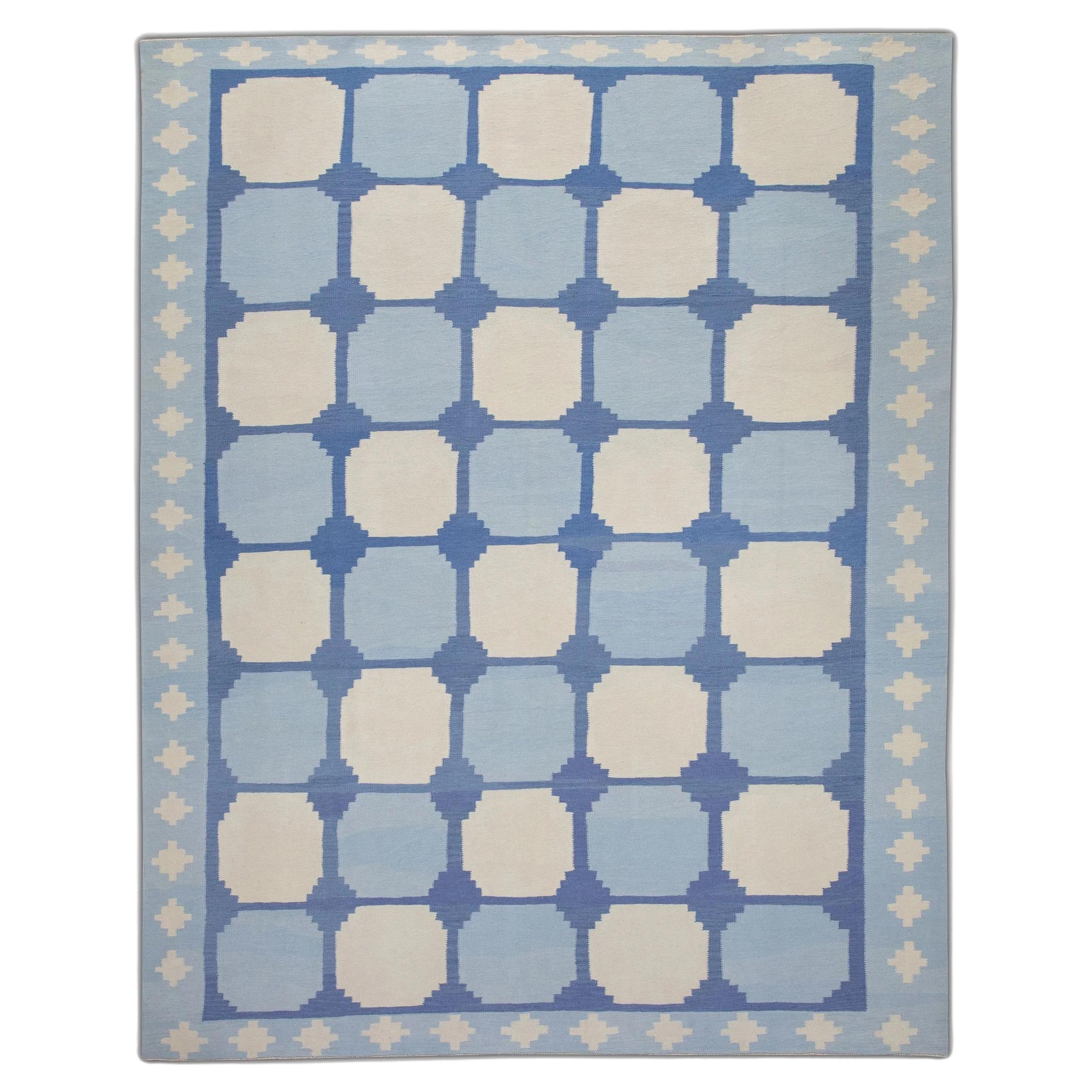Blue Geometric Design Flatweave Handmade Wool Rug 9' x 12'1" For Sale