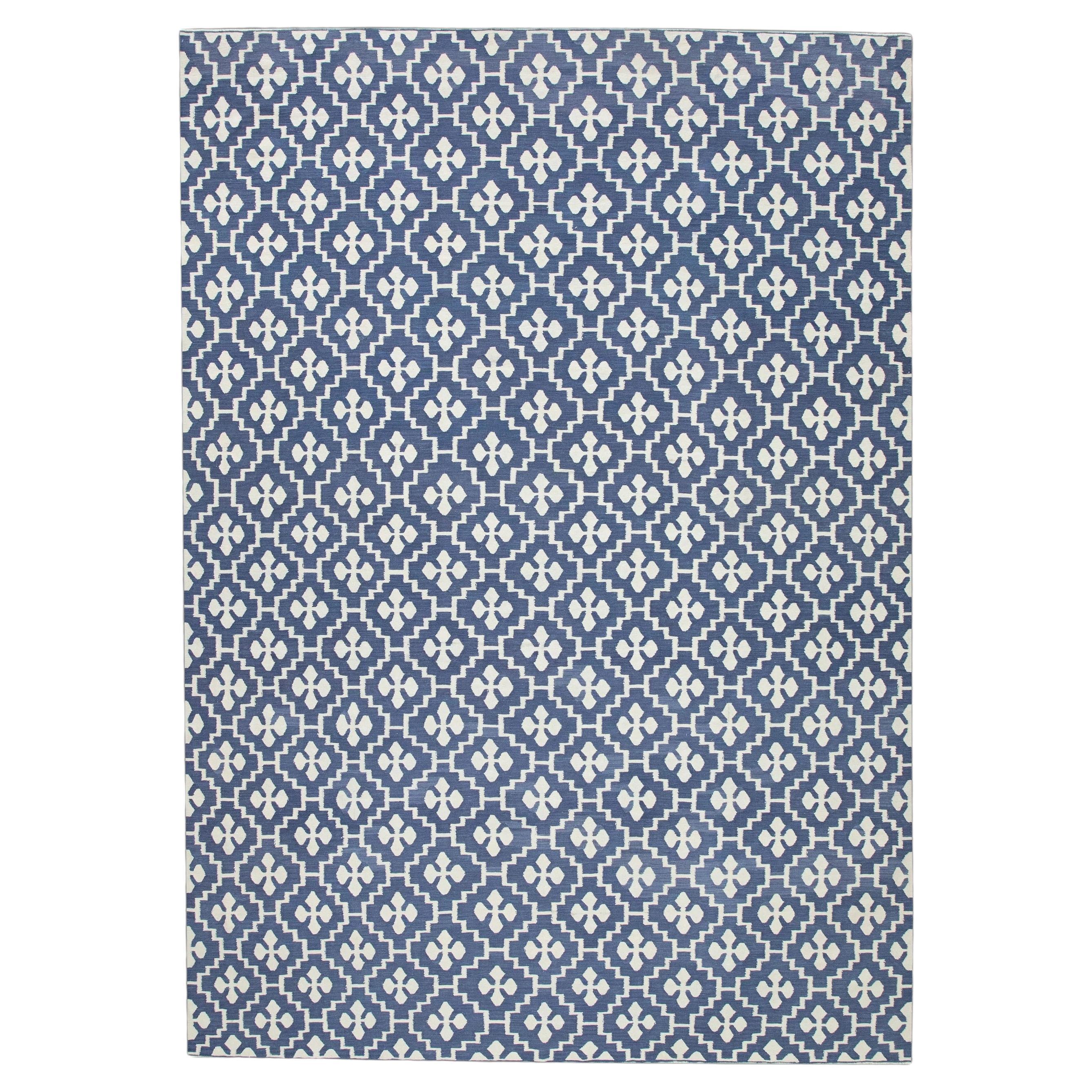 Blue Geometric Design Flatweave Handmade Wool Rug 10'3" x 14'5"