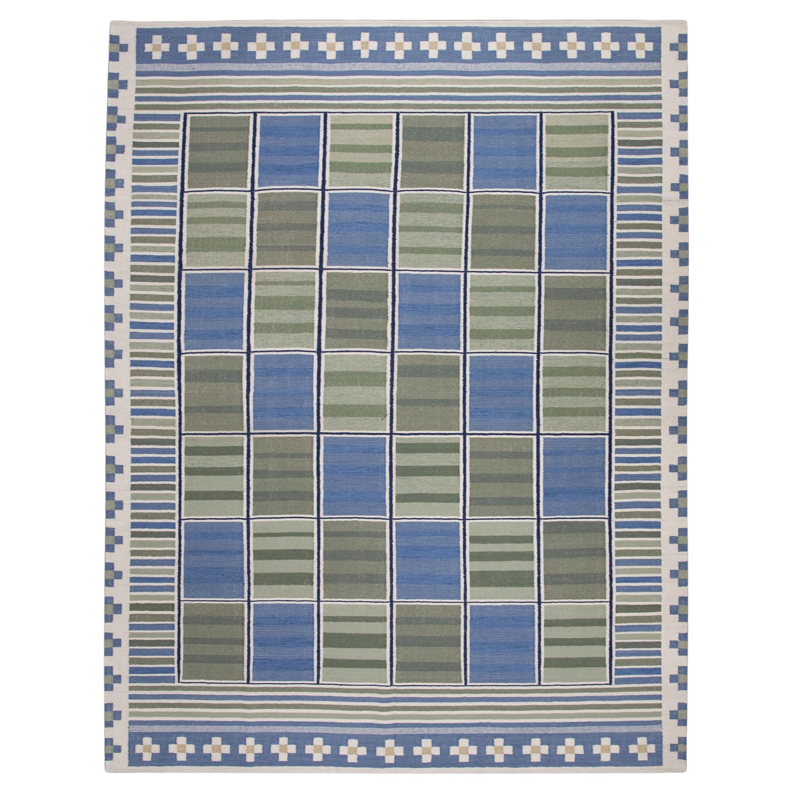 Green and Blue Geometric Design Flatweave Handmade Wool Rug 9'1" x 12'1" For Sale