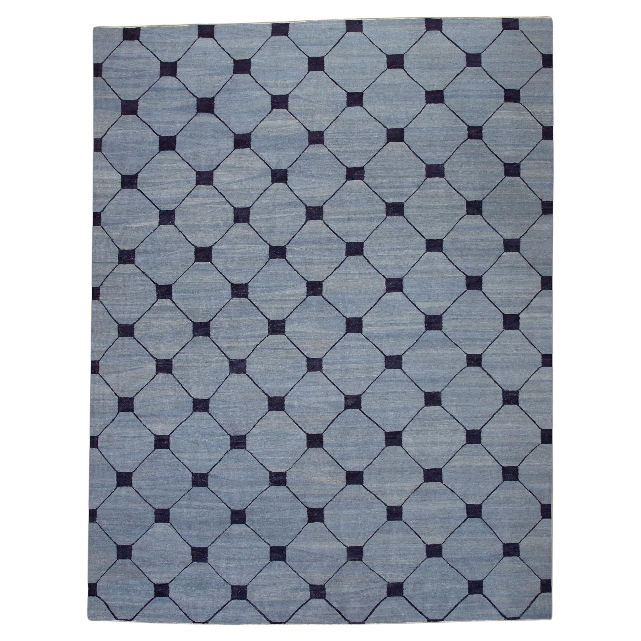 Blue & Navy Geometric Design Flatweave Handmade Wool Rug 10'4" X 13'11" For Sale