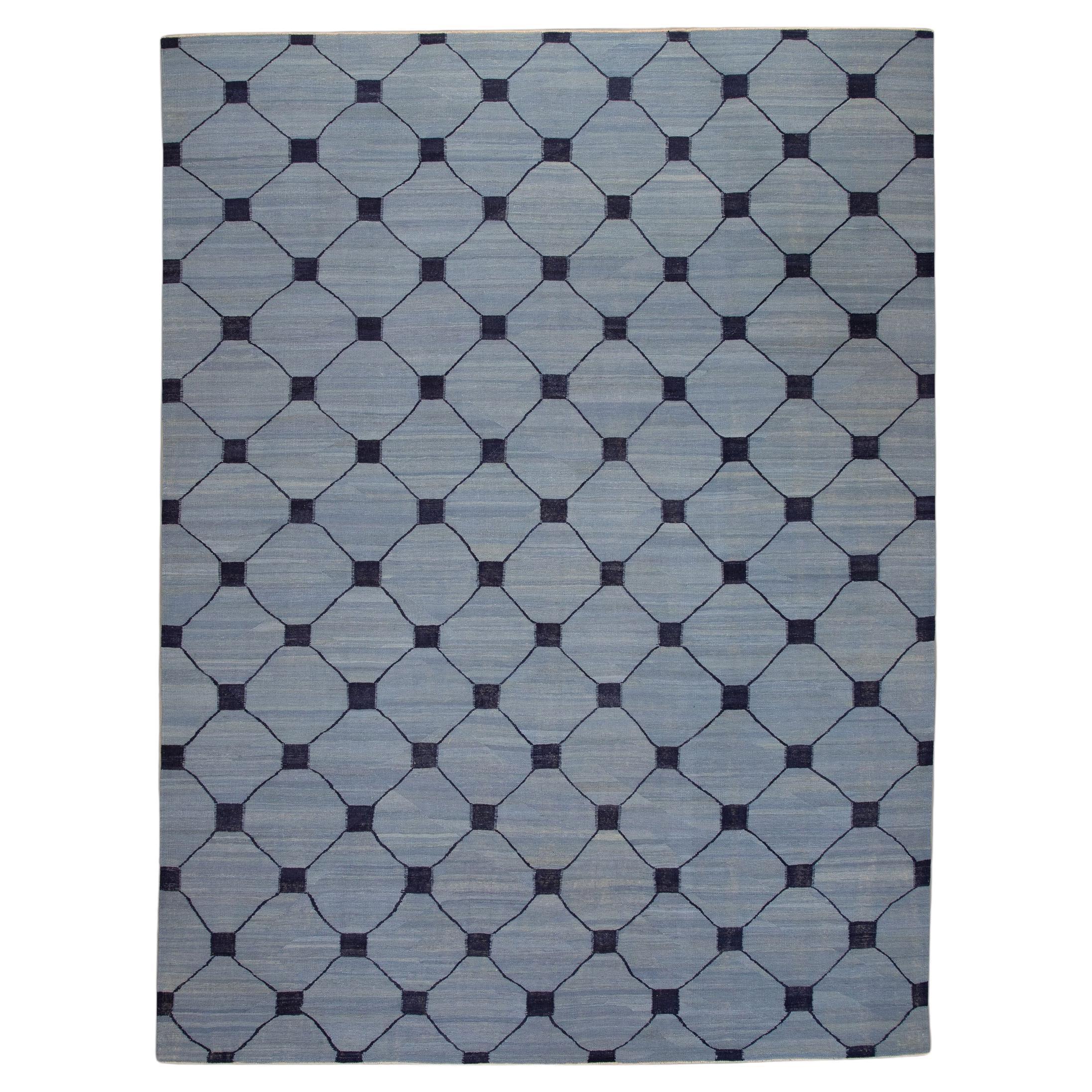 Blue & Navy Geometric Design Flatweave Handmade Wool Rug 10'5" X 14'