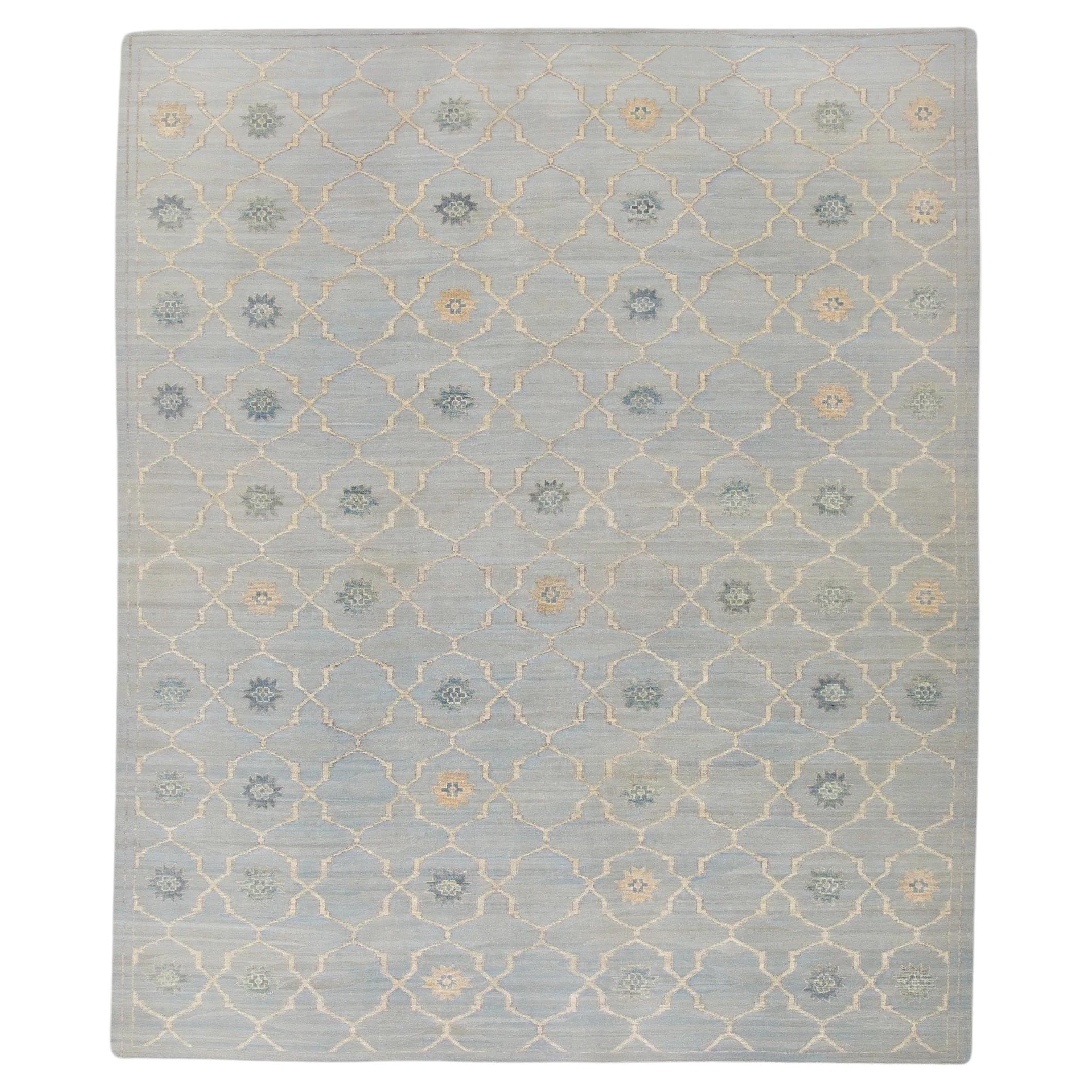 Tapis en laine bleu à motifs géométriques tissés à plat fait à la main 11'11" X 15'