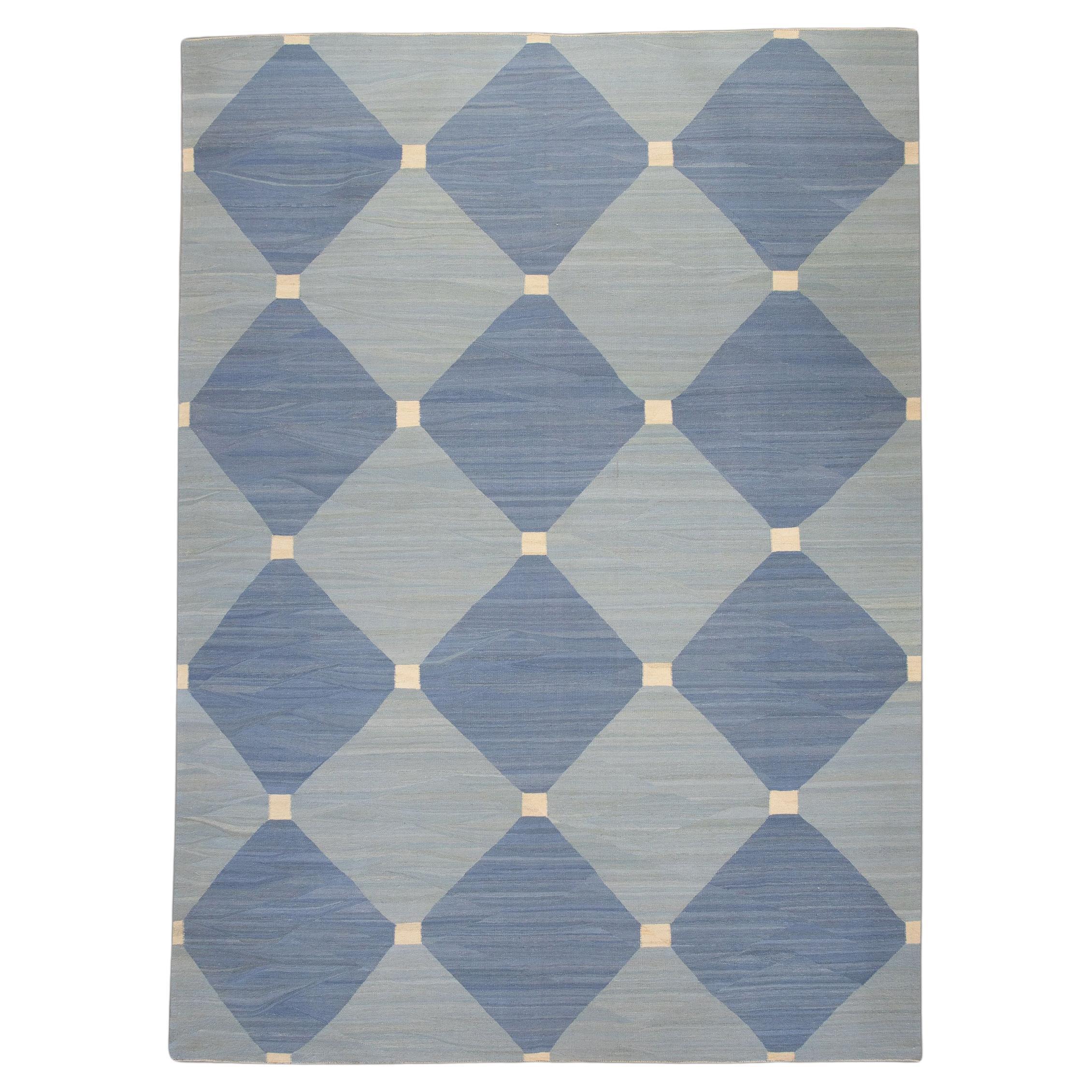 Blue Geometric Design Flatweave Handmade Wool Rug 10'3" X 14'3" For Sale