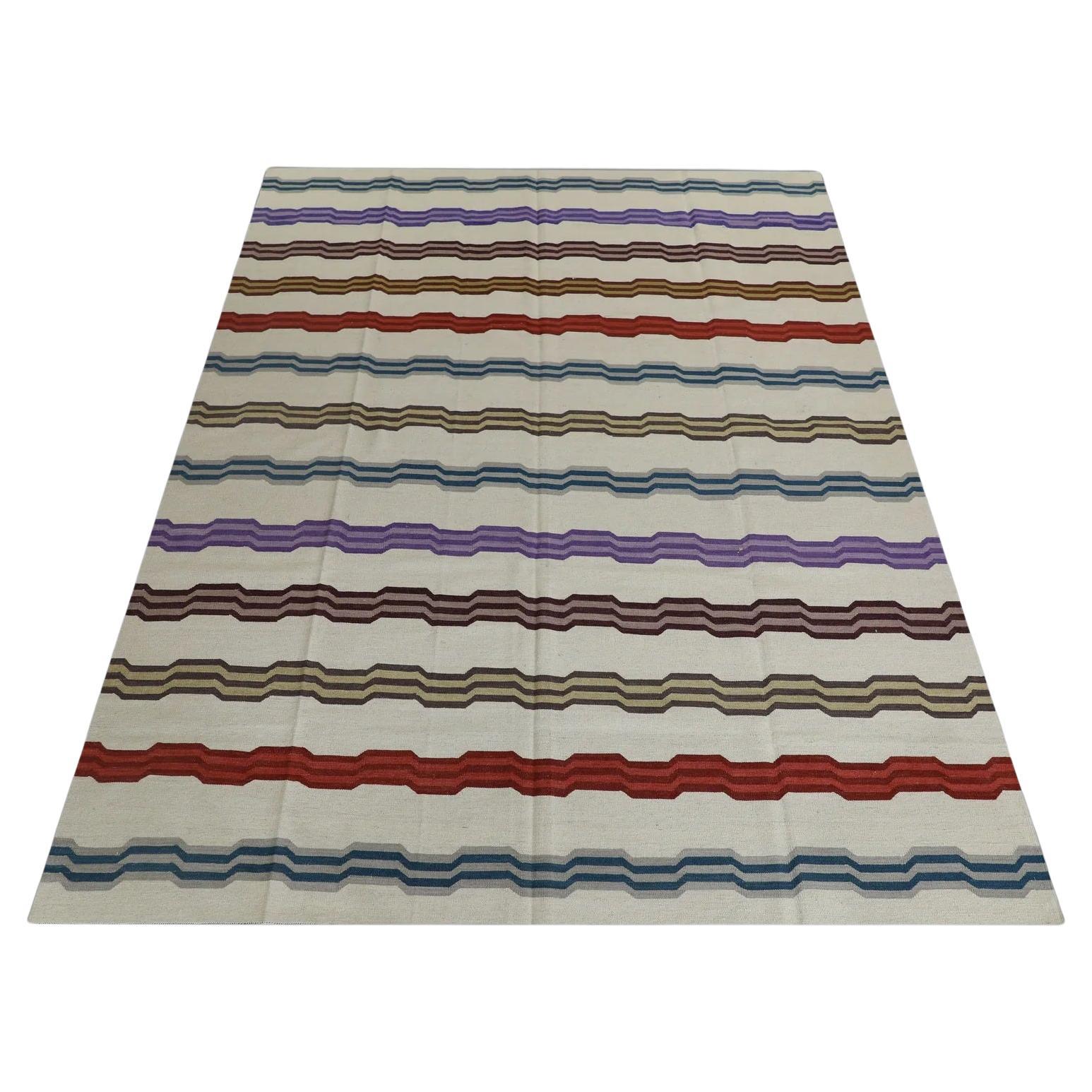 Mehrfarbiger handgefertigter Flachgewebe-Wollteppich mit geometrischen Streifen 9'1" X 12'7"
