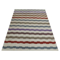Multicolor Geometric Stripe Design Flatweave Handmade Wool Rug 9'1" X 12'7"