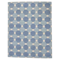 Tapis en laine bleu à motifs géométriques tissés à plat fait à la main 8'9" X 11'9".