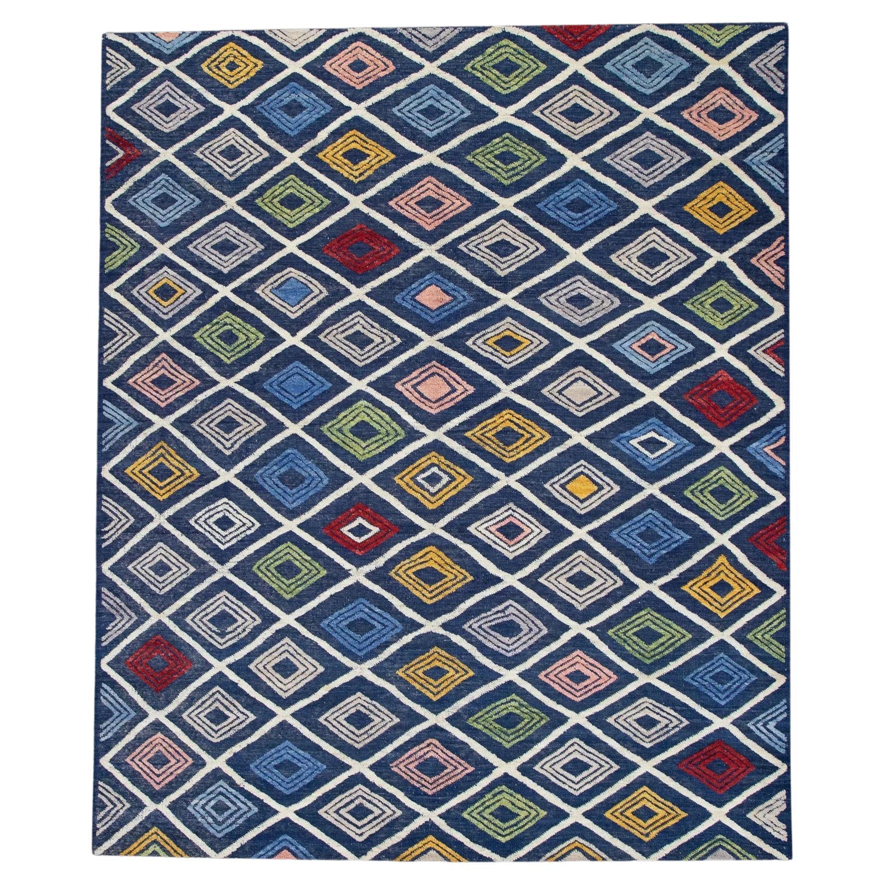 Blue Multicolor Geometric Design Flatweave Handmade Wool Rug 8'5" x 10'3" For Sale