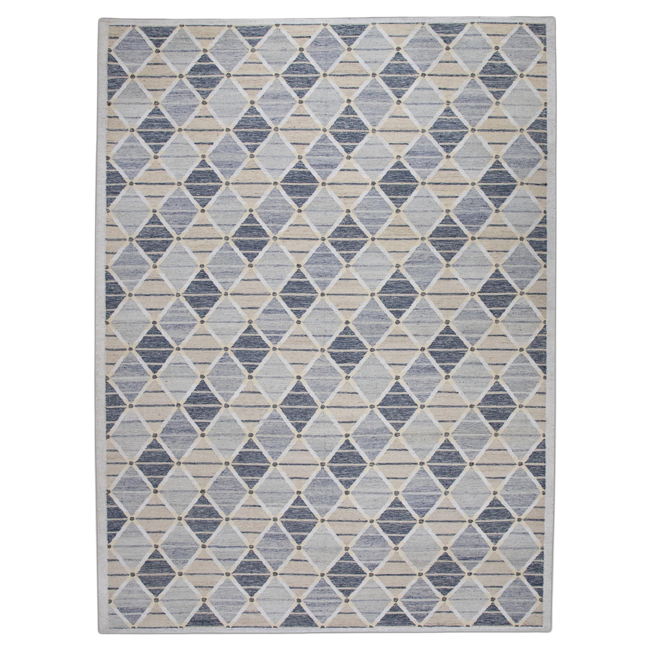 Blue Geometric Pattern Flatweave Handmade Wool Rug 9' X 12'2"