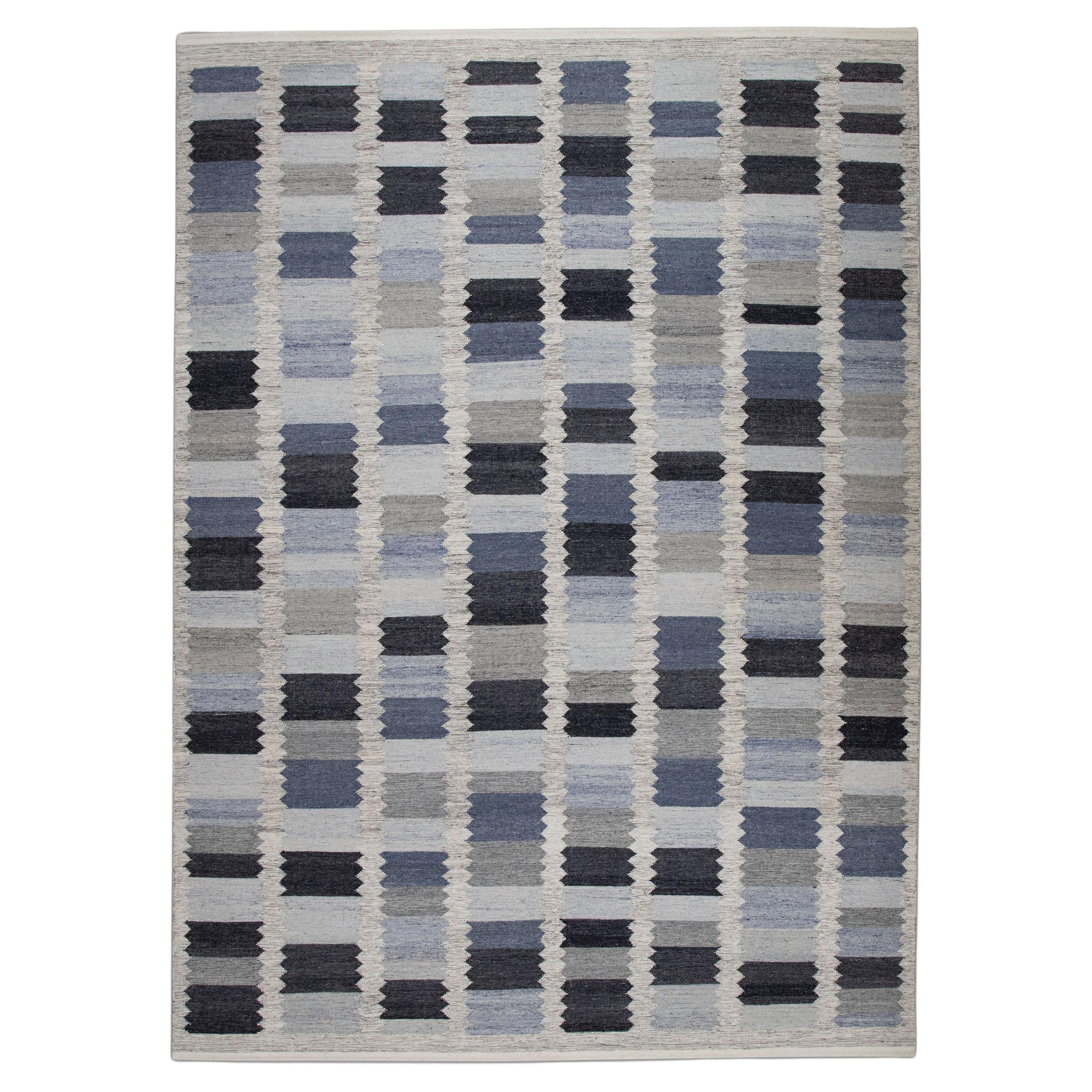 Blue & Gray Geometric Design Flatweave Handmade Wool Rug 9' X 12'3"