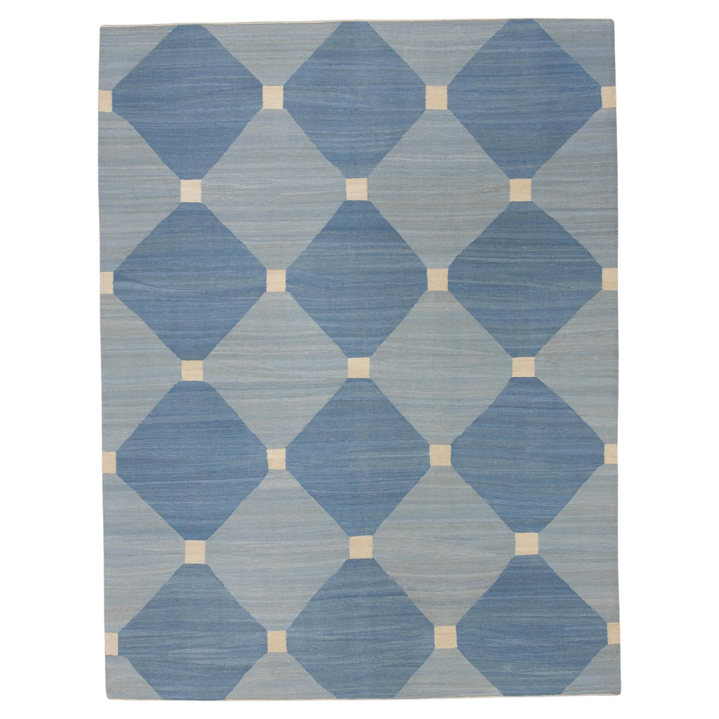 Blue Geometric Design Flatweave Handmade Wool Rug 8'8" x 10'1"