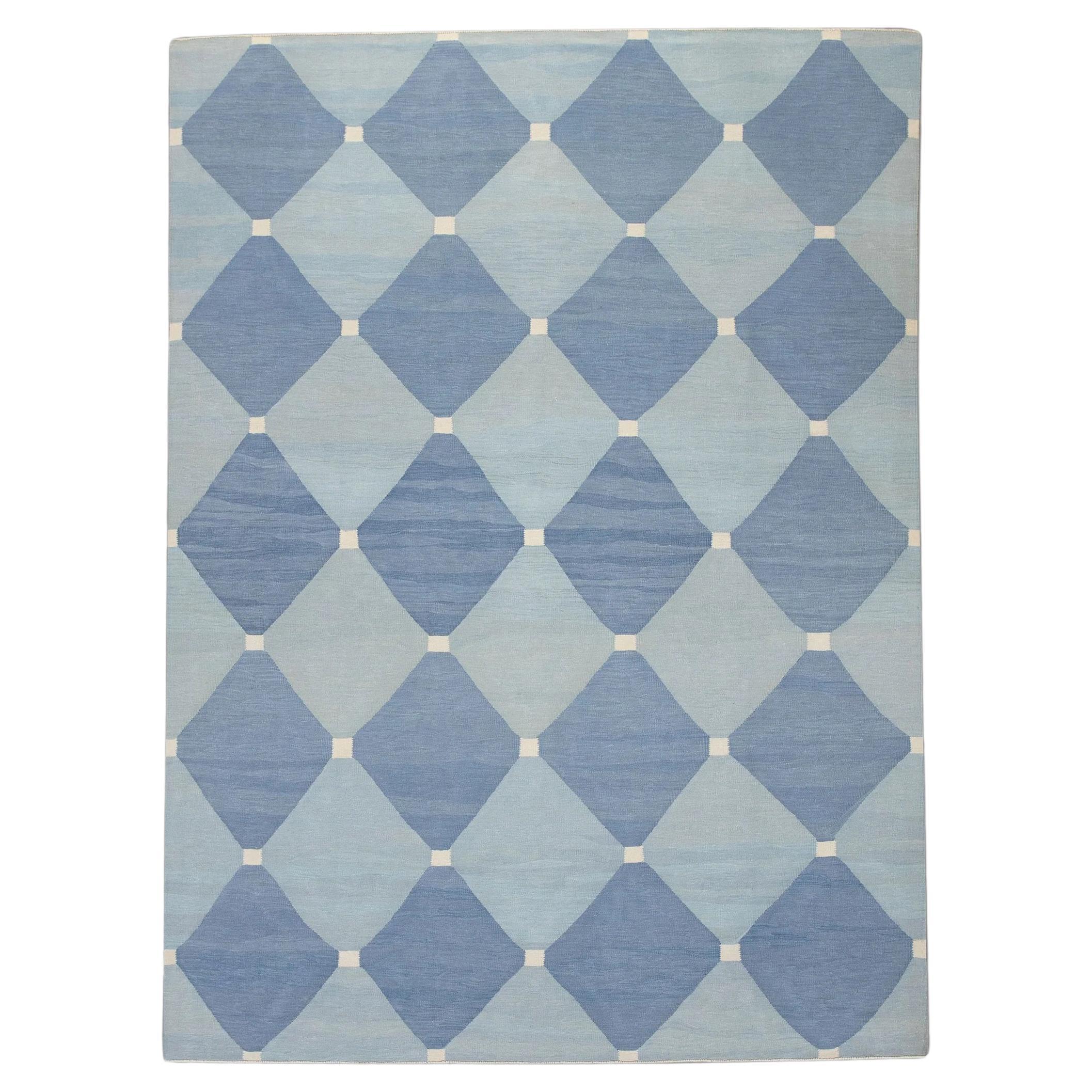 Blue Geometric Pattern Flatweave Handmade Wool Rug 9'10" X 14'3"