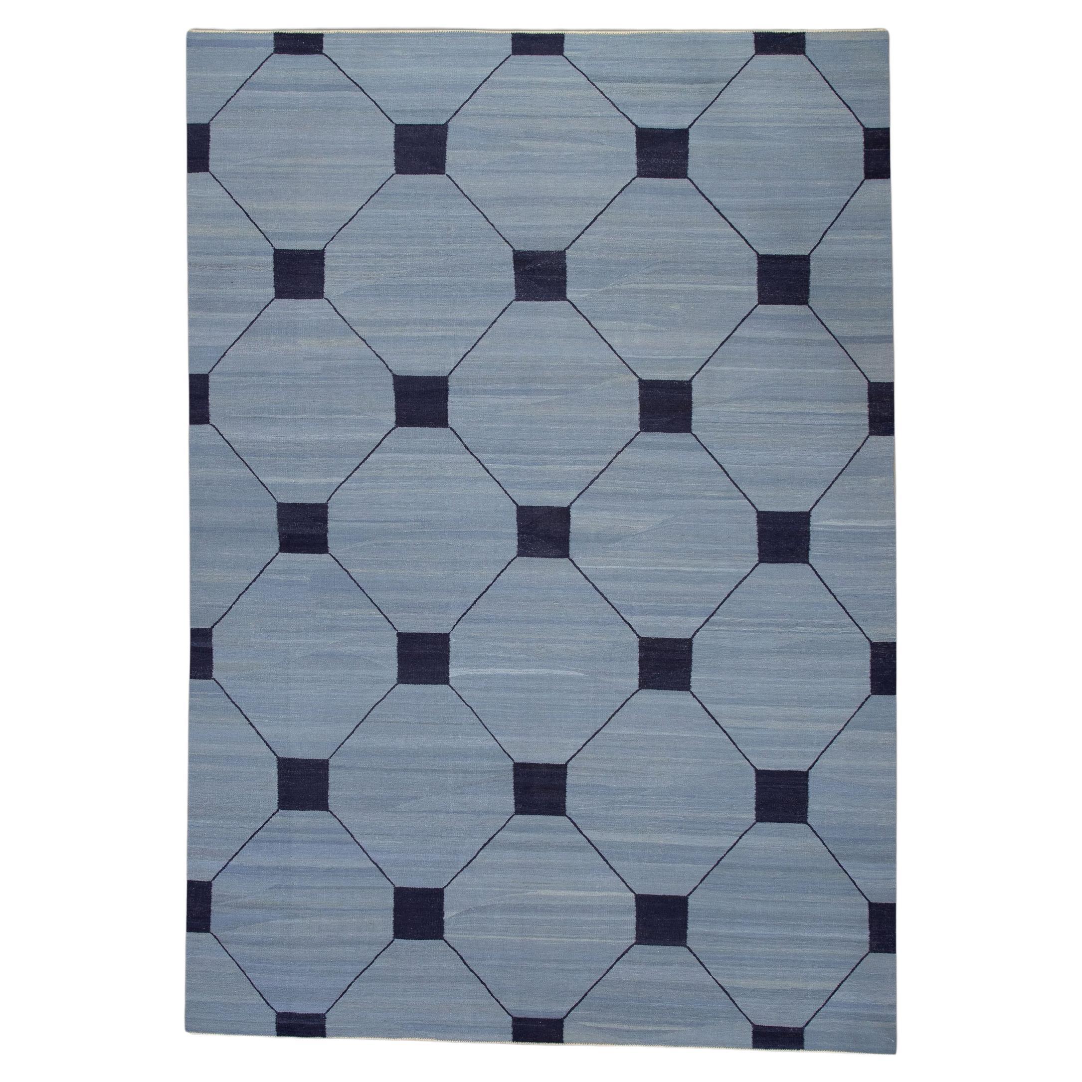 Blue & Navy Geometric Pattern Flatweave Handmade Wool Rug 9'3" X 13'