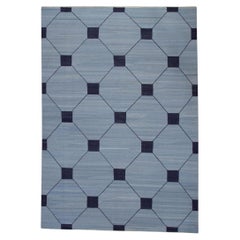 Blue & Navy Geometric Pattern Flatweave Handmade Wool Rug 9'3" X 13'