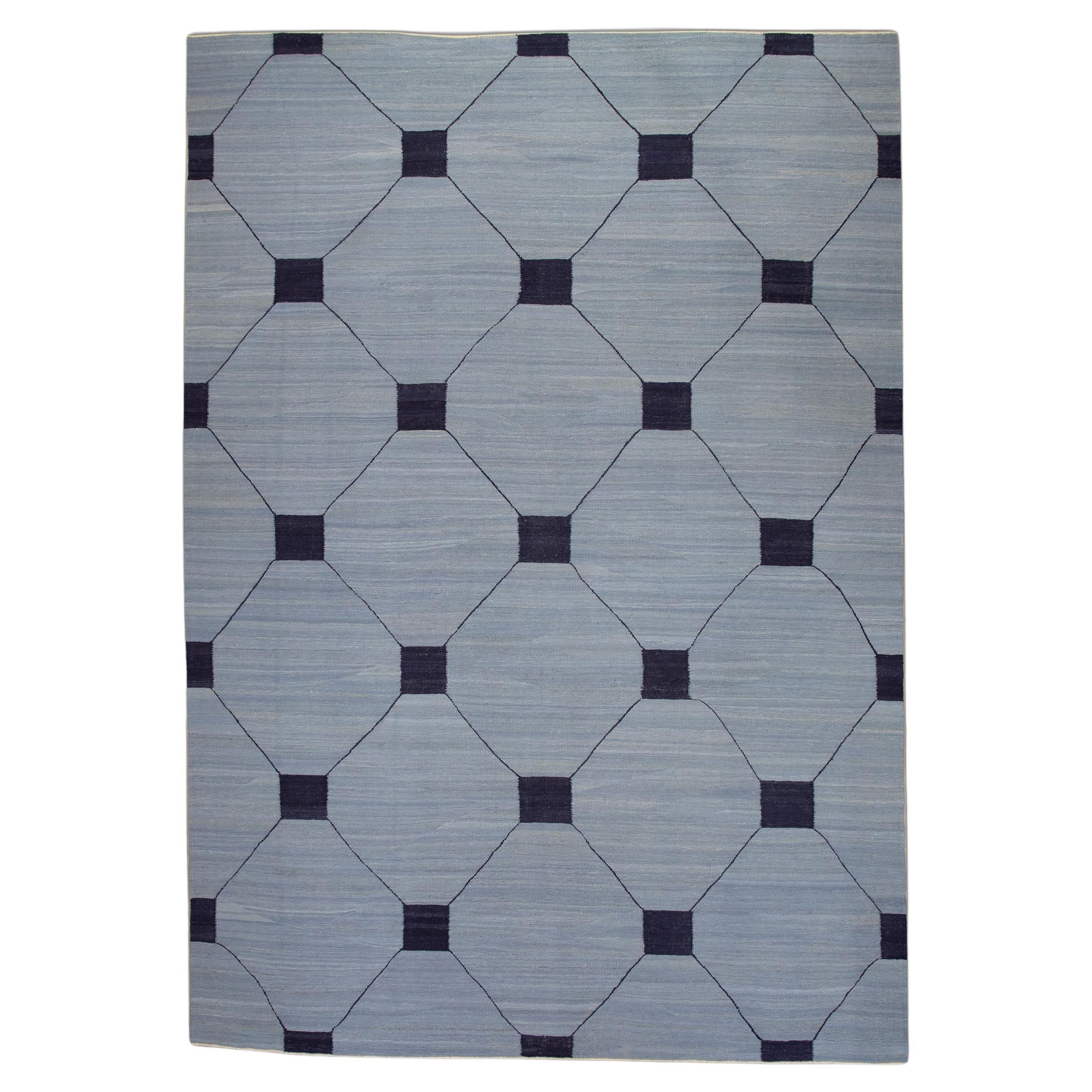 Blue & Navy Geometric Design Flatweave Handmade Wool Rug 10'5" X 14'3" For Sale