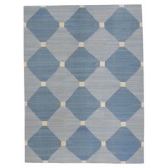 Tapis en laine bleu à motif géométrique tissé à plat fait à la main 8'4 po. x 10'11 po.