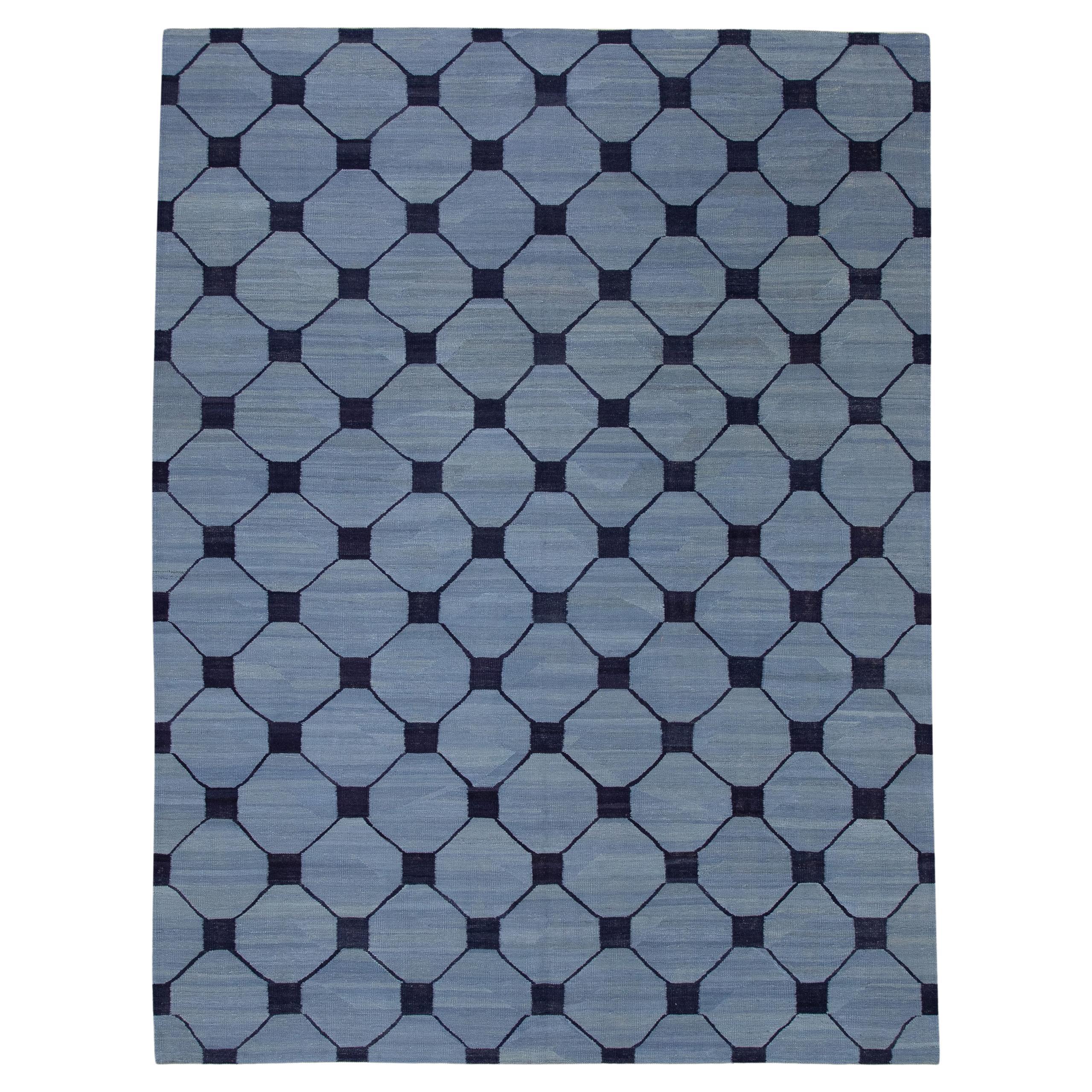 Blue & Navy Geometric Pattern Flatweave Handmade Wool Rug 8'1" x 10'8"