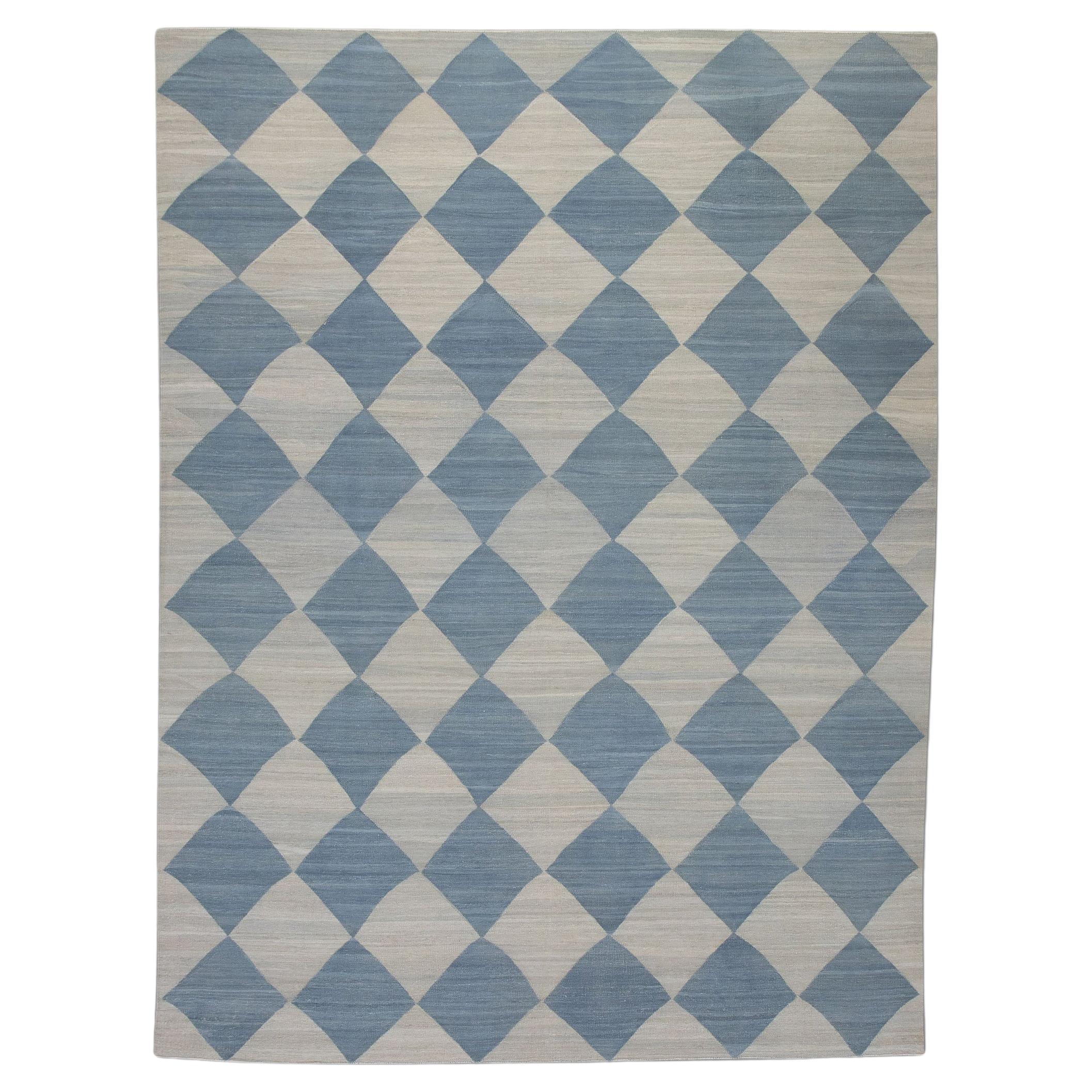 Blue Checkered Pattern Flatweave Handmade Wool Rug 9'7" X 12'5"