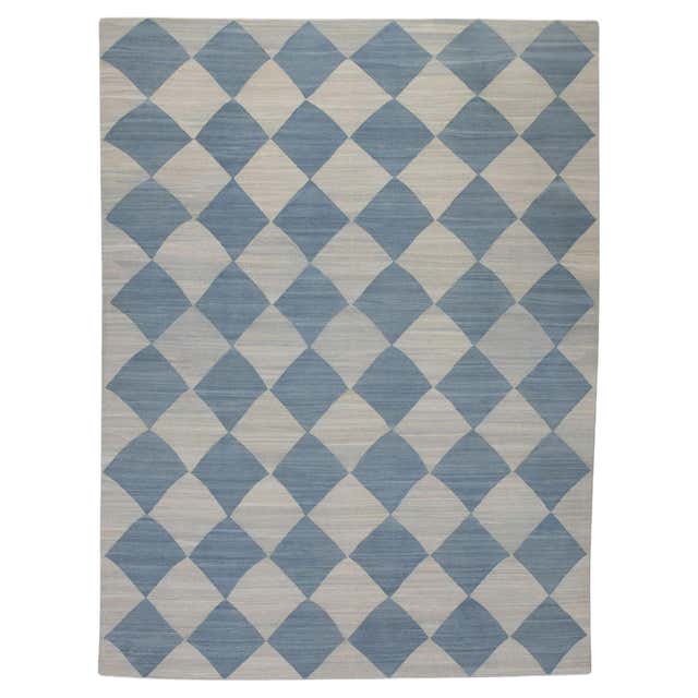 Tone on Tone Checkered Rug with Navy Border For Sale at 1stDibs | ton ...