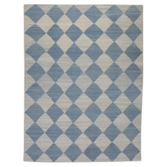 Blauer handgefertigter Flachgewebe-Wollteppich mit kariertem Muster 9'7" X 12'5"