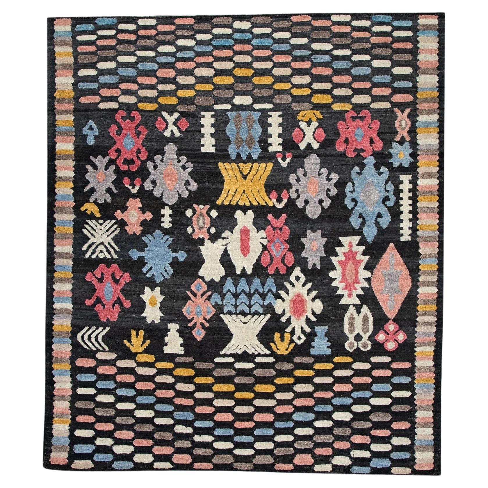 Flatweave Handmade Wool Rug in Pink, Blue, Yellow Geometric Design 8'11" x 10'3"