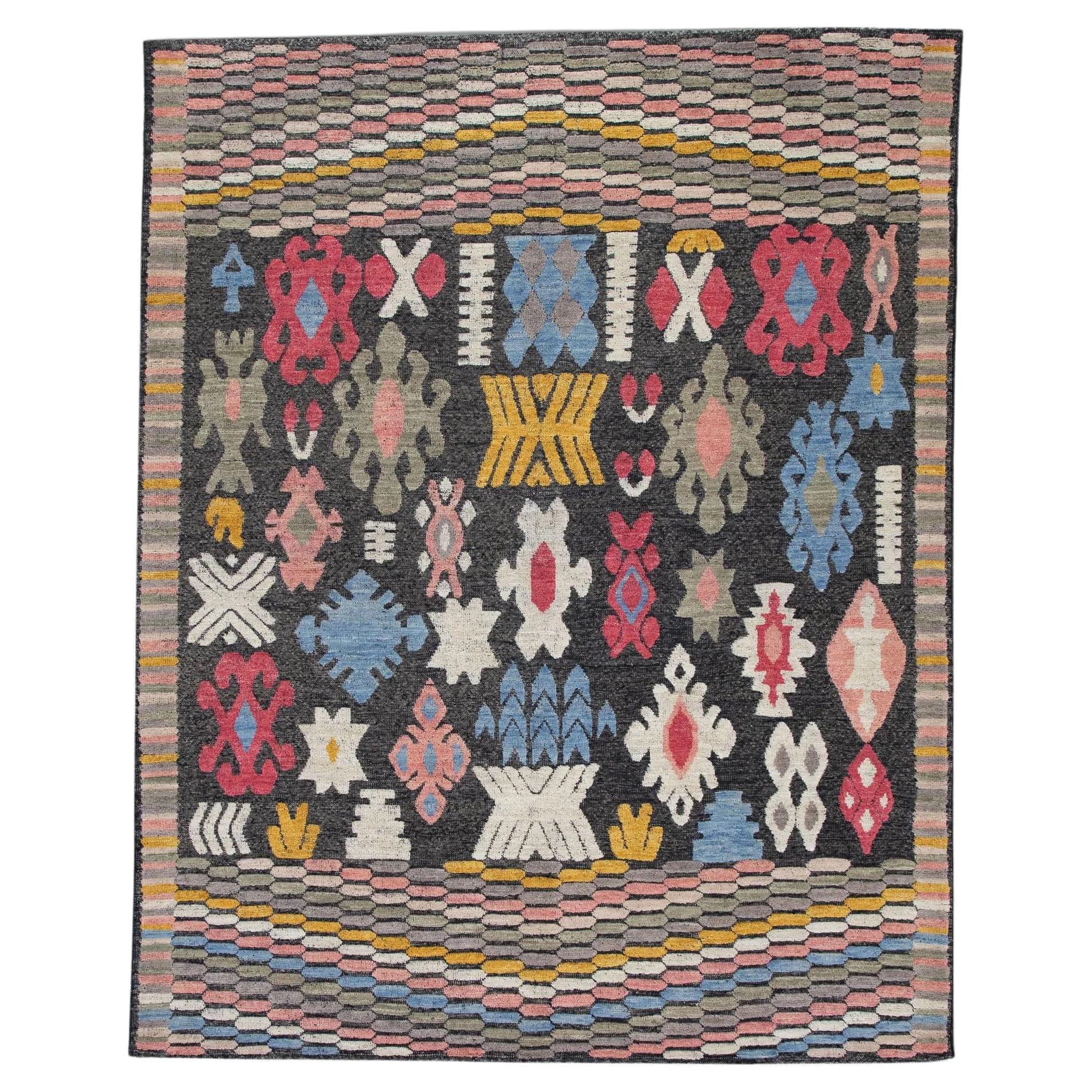 Flatweave Handmade Wool Rug in Pink, Blue, Yellow Geometric Design 8'5
