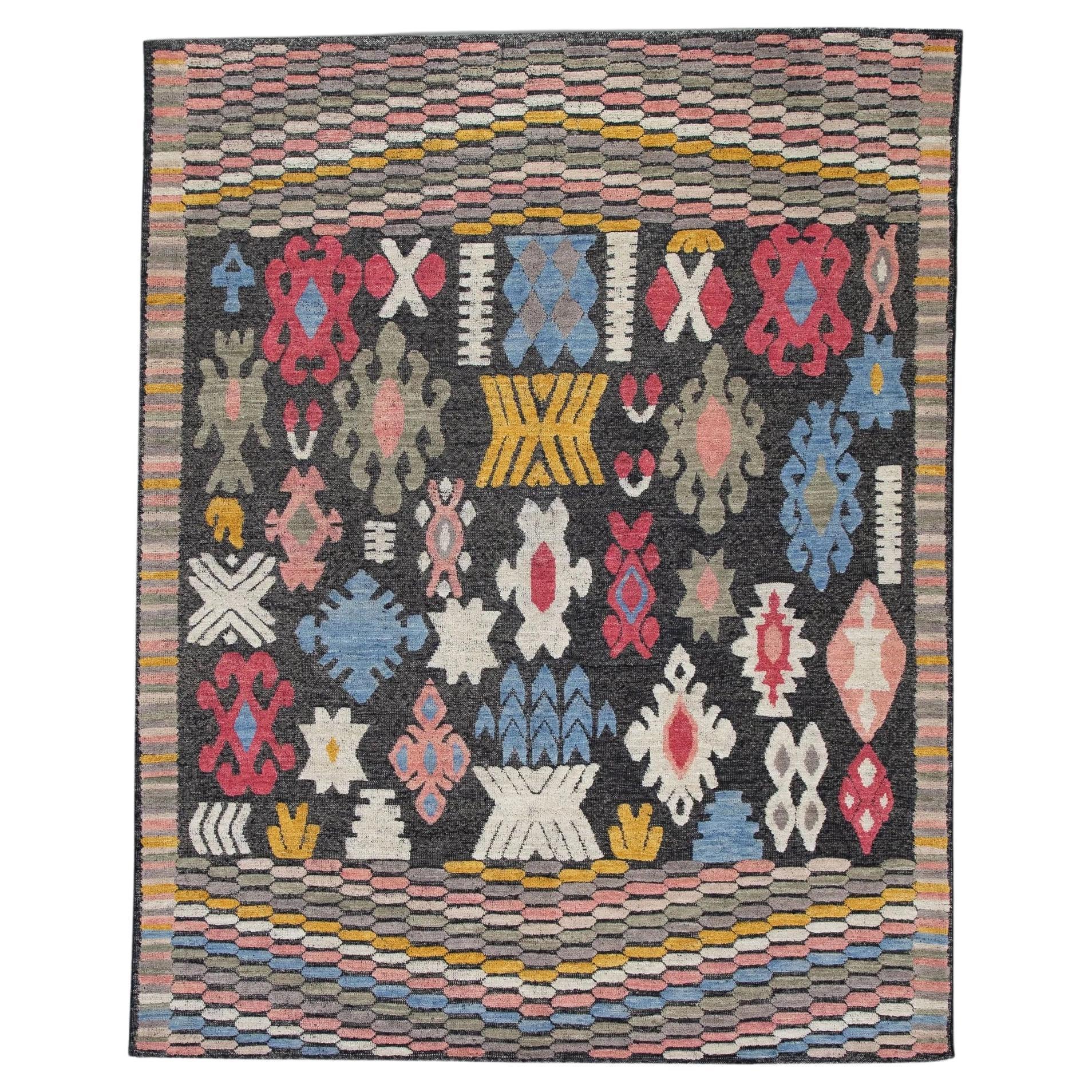 Flatweave Handmade Wool Rug in Pink, Blue, Yellow Geometric Design 8'5" x 10'7" For Sale