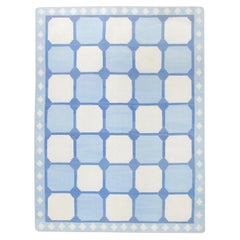 Tapis en laine bleu à motifs géométriques tissé à plat fait à la main 9'5" X 12'4".